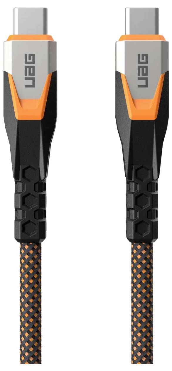 Černý a oranžový nabíjecí kabel s kovovými konektory a opletaným designem. Konektory jsou USB-C, označené nápisem 'UAG'.