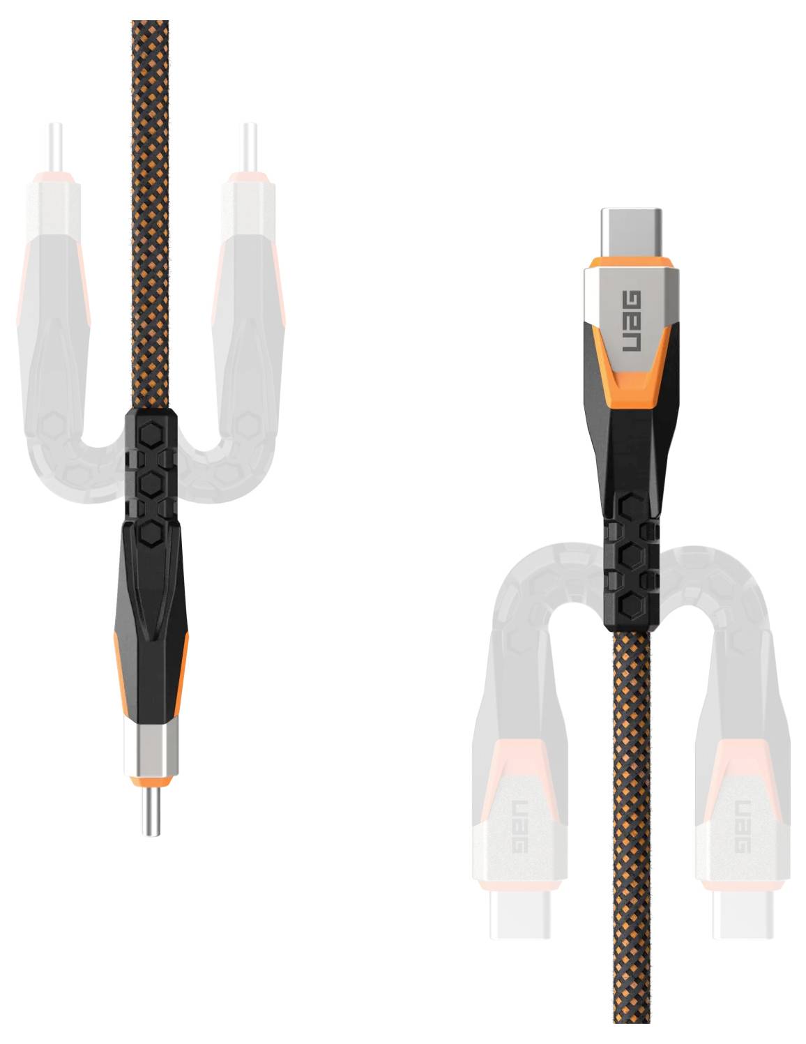 Robustní USB-C kabel s černými a oranžovými akcenty, který se vyznačuje odolným pleteným designem a zesílenými konektory, vhodný pro nabíjení a přenos dat.