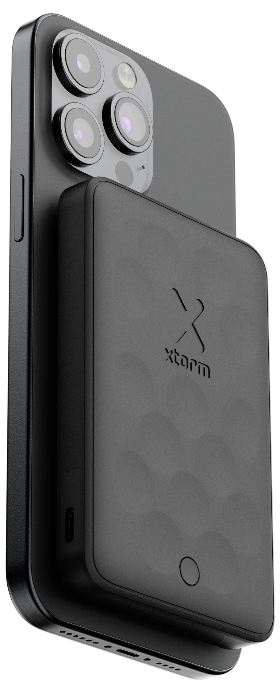 Chytrý telefon s výrazným fotomodulkem a černou magnetickou bezdrátovou powerbancí připojenou na zadní straně, který prezentuje moderní řešení nabíjení.