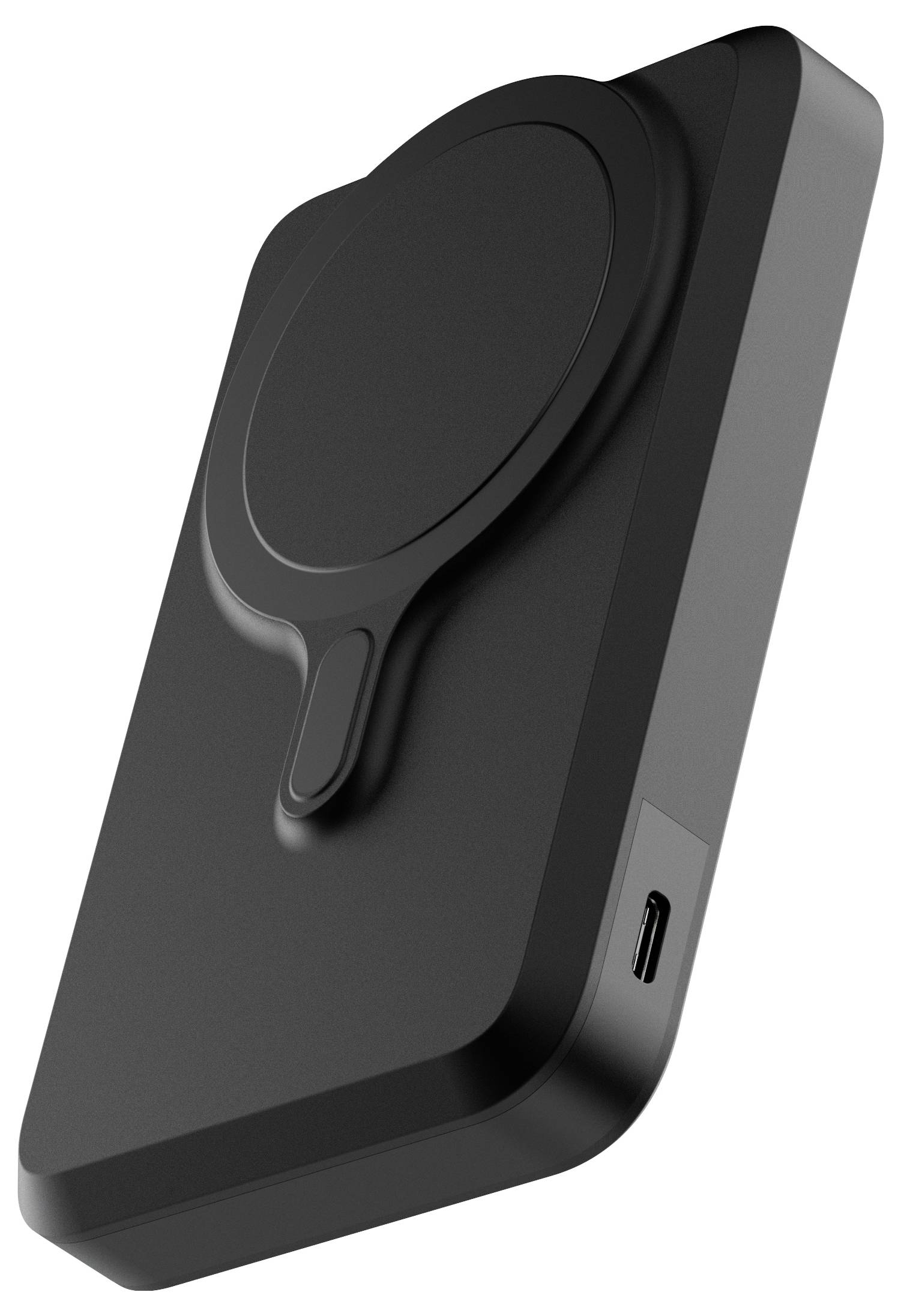 Černá, obdélníková bezdrátová nabíječka s kruhovým nabíjecím povrchem a portem USB-C na straně, mírně nakloněná směrem nahoru.