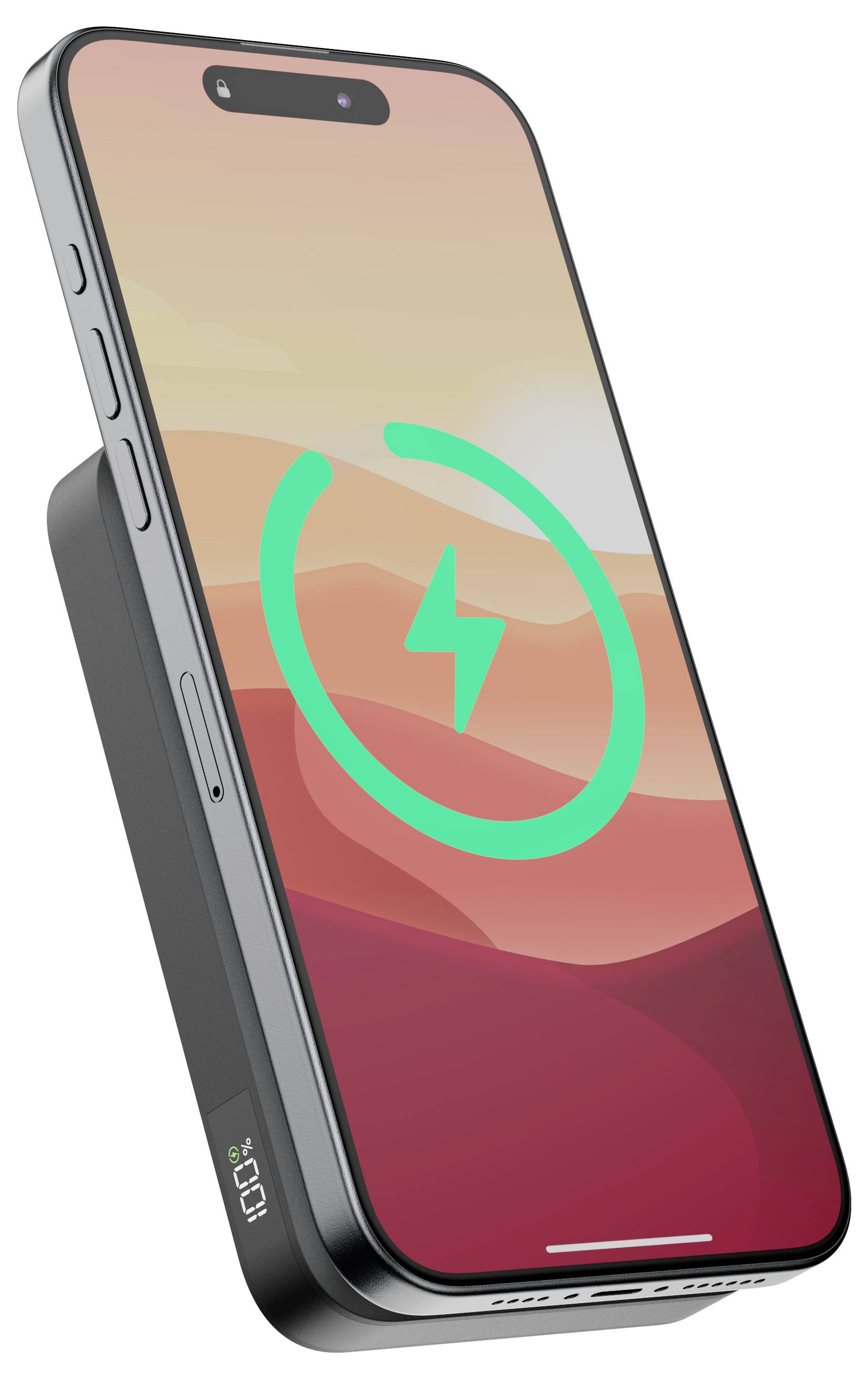 Chytrý telefon nabíjený bezdrátově, zobrazený pod úhlem s zeleným nabíjecím symbolem na obrazovce na pozadí s přechodem barev.