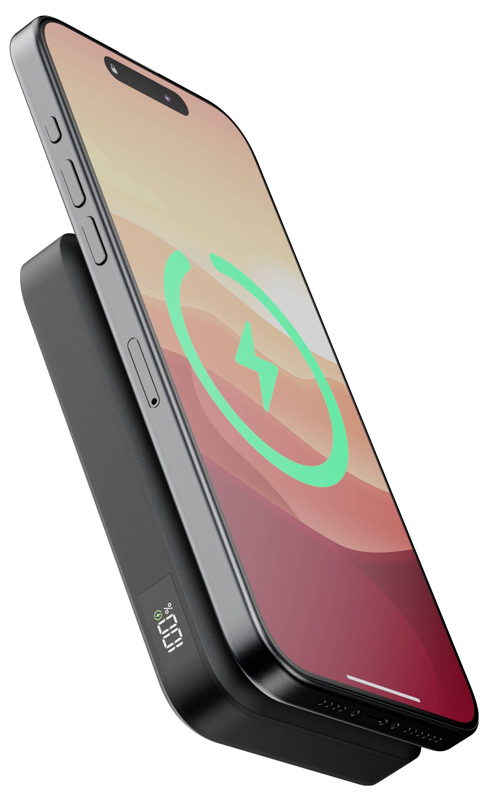 Smartphone s gradientní obrazovkou na bezdrátové nabíjecí podložce, zobrazující ikonu nabíjení.