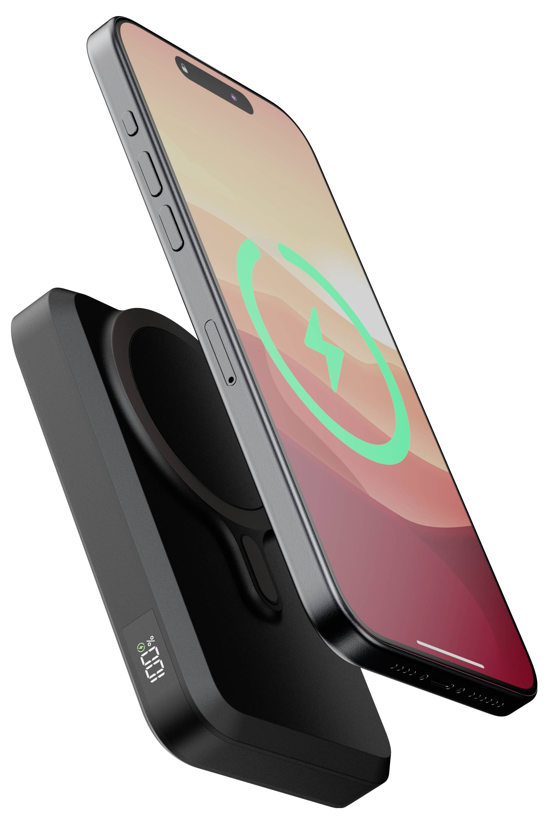 Chytrý telefon s nabíjecím symbolem vznášející se nad bezdrátovou nabíječkou naznačuje schopnost bezdrátového nabíjení.