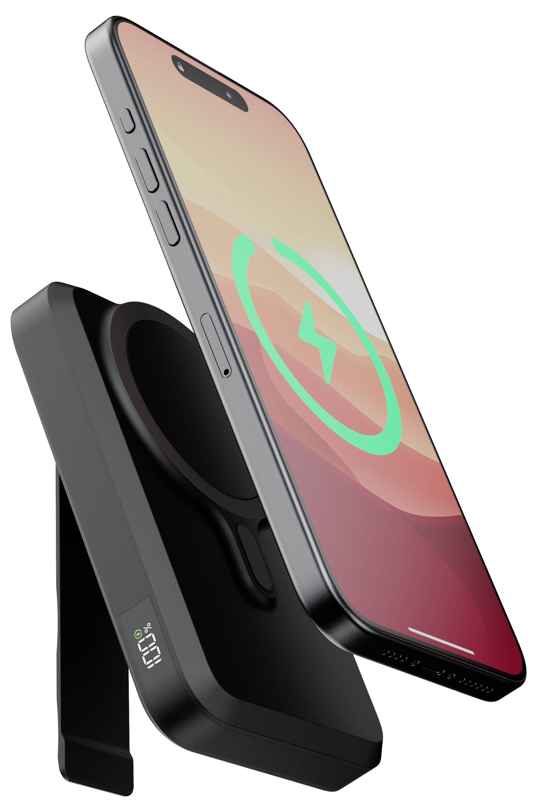 Smartphone s nabíjecím symbolem na obrazovce je zobrazen vedle černé bezdrátové powerbánky s digitálním displejem.
