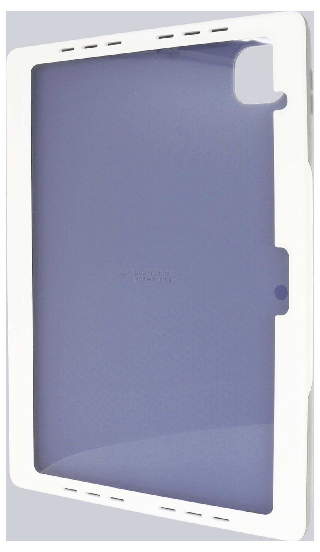 Bílý obal na tablet s velkou výřezem pro displej a otvorem pro zadní fotoaparát, navržený tak, aby těsně obepínal zařízení.
