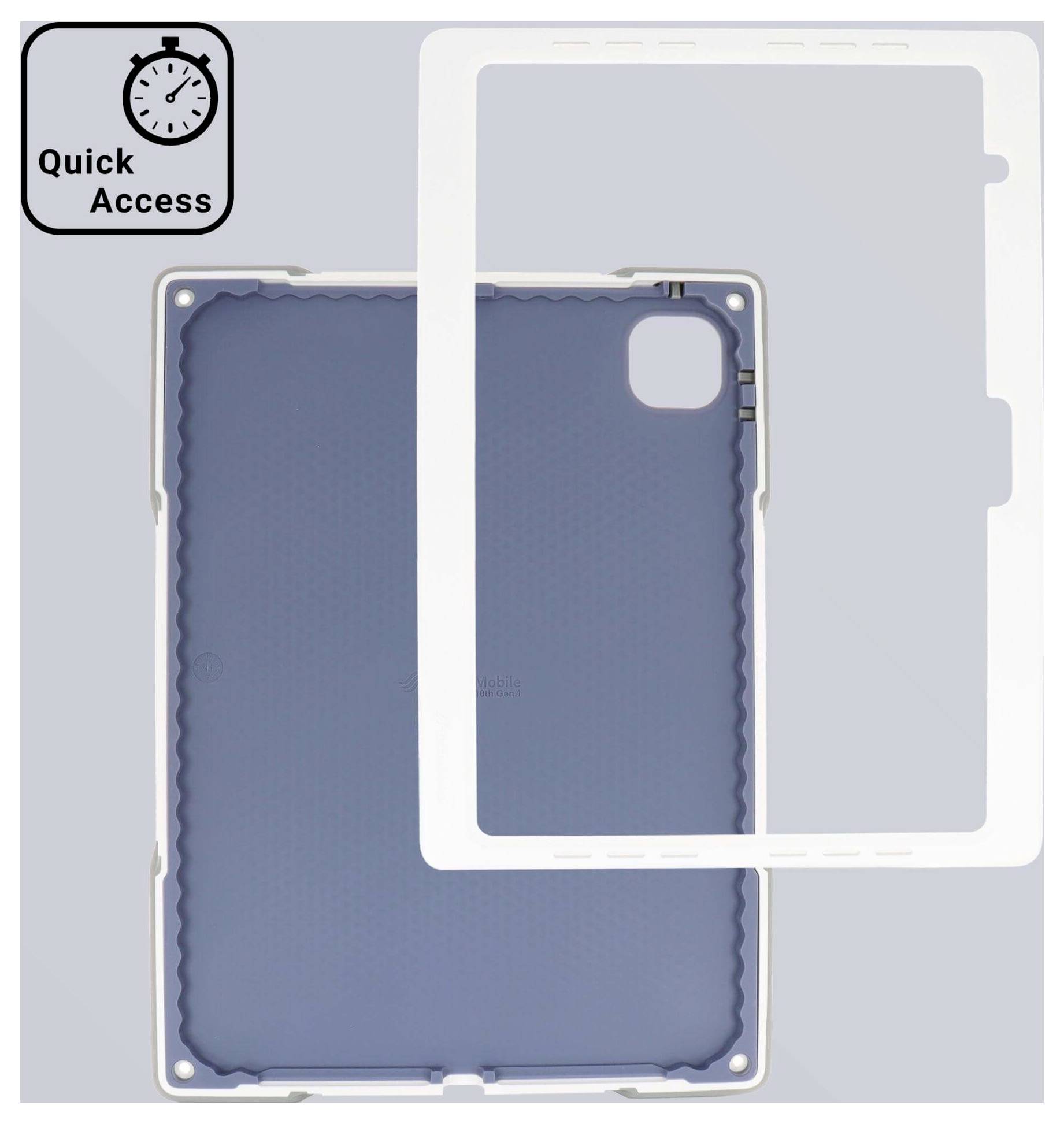 Obal na iPad s odnímatelným bílým rámečkem označeným Quick Access, navržený pro snadné otevírání. Modrý vnitřní prostor pro umístění tabletu.