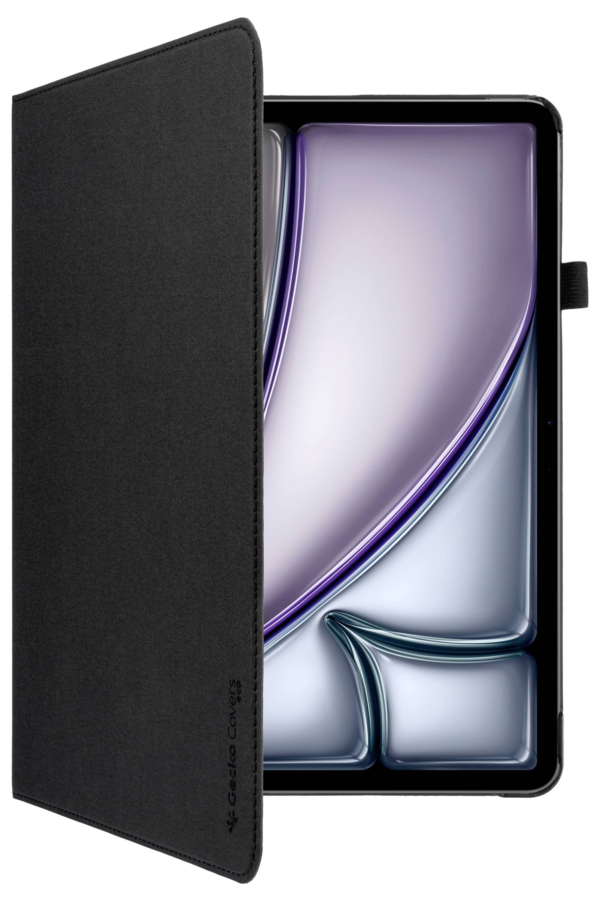 Tablet je částečně zakrytý černým pouzdrem a zobrazuje barevnou obrazovku s abstraktními, zakřivenými liniemi a přechodnými barevnými tóny.