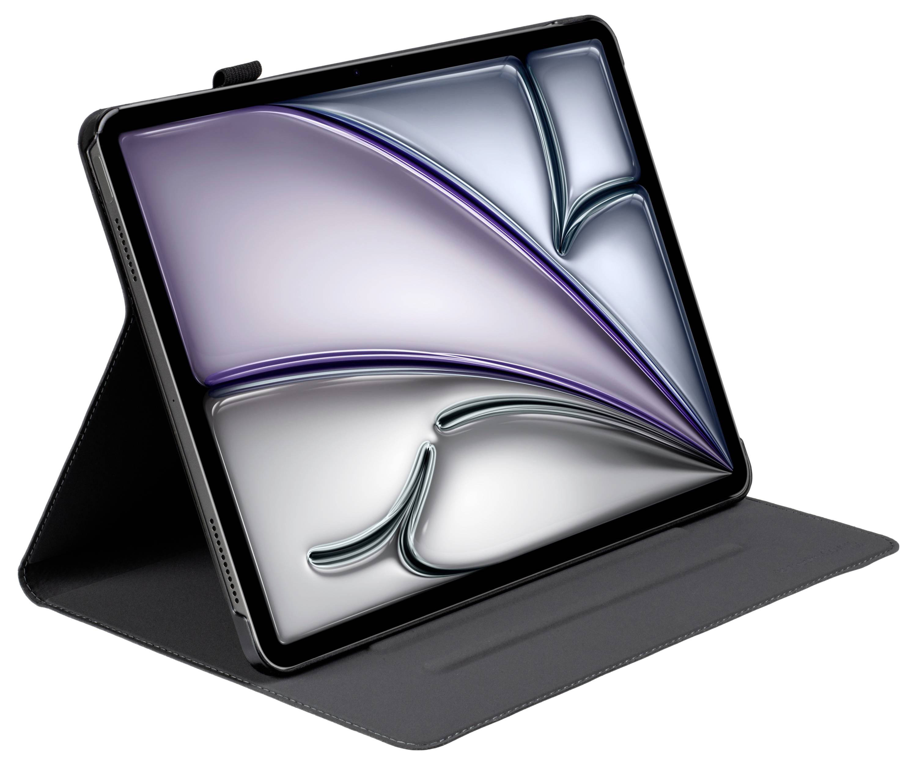 Tablet v černém pouzdře zobrazující abstraktní design s křivkami a přechody.