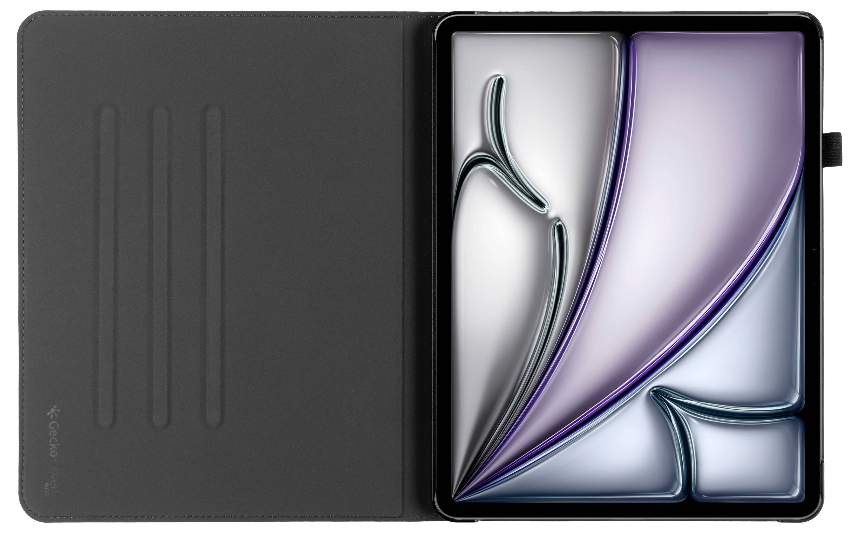Tablet s abstraktním, zakřiveným motivem na obrazovce je zobrazen v černém pouzdře otevřeném doleva, což zvýrazňuje jeho elegantní tvar.