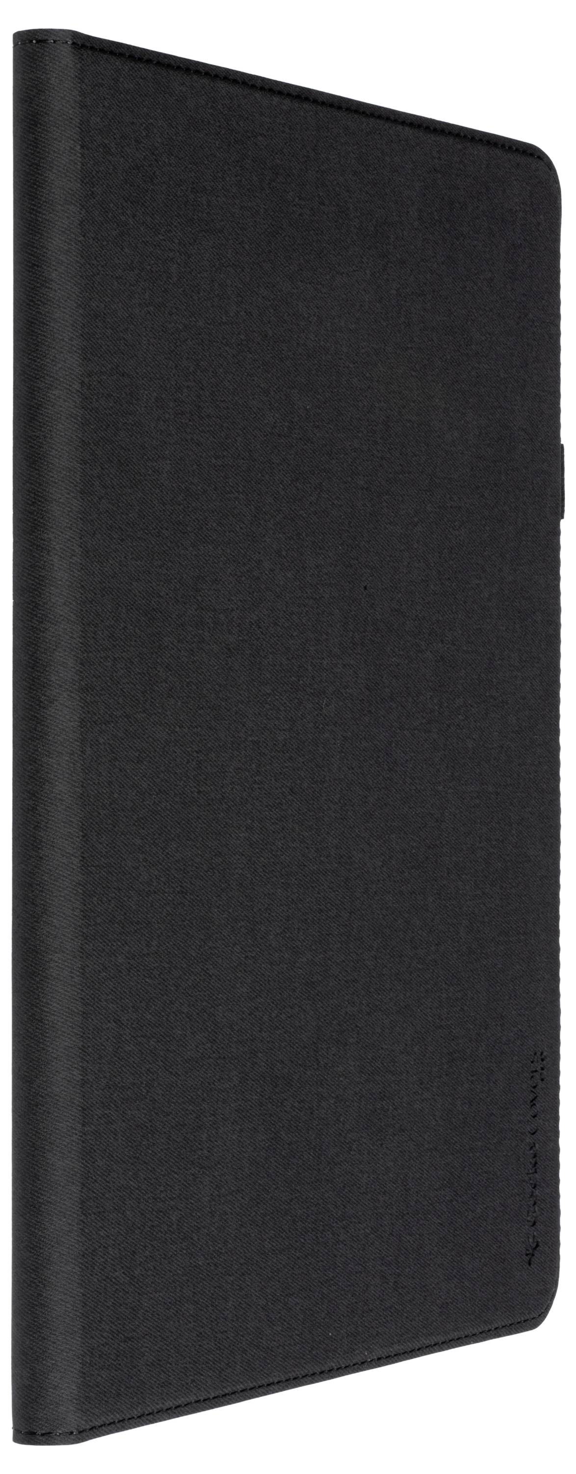 Uzavřené, černé pouzdro na tablet s elegantním designem, pohled z boku.