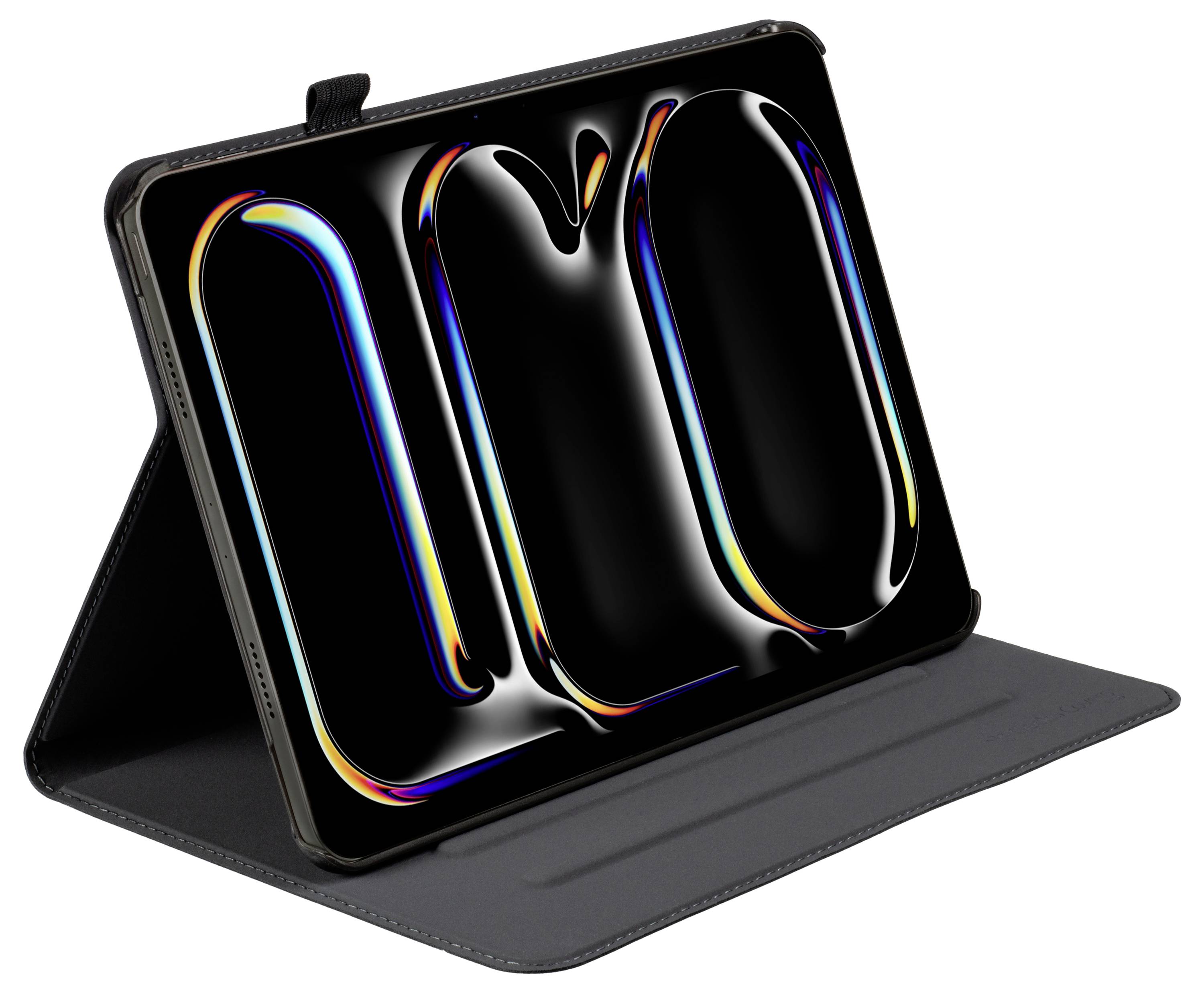 Černý tablet v šedém pouzdře zobrazující živý abstraktní design s křivkami barevných čar na černém pozadí.