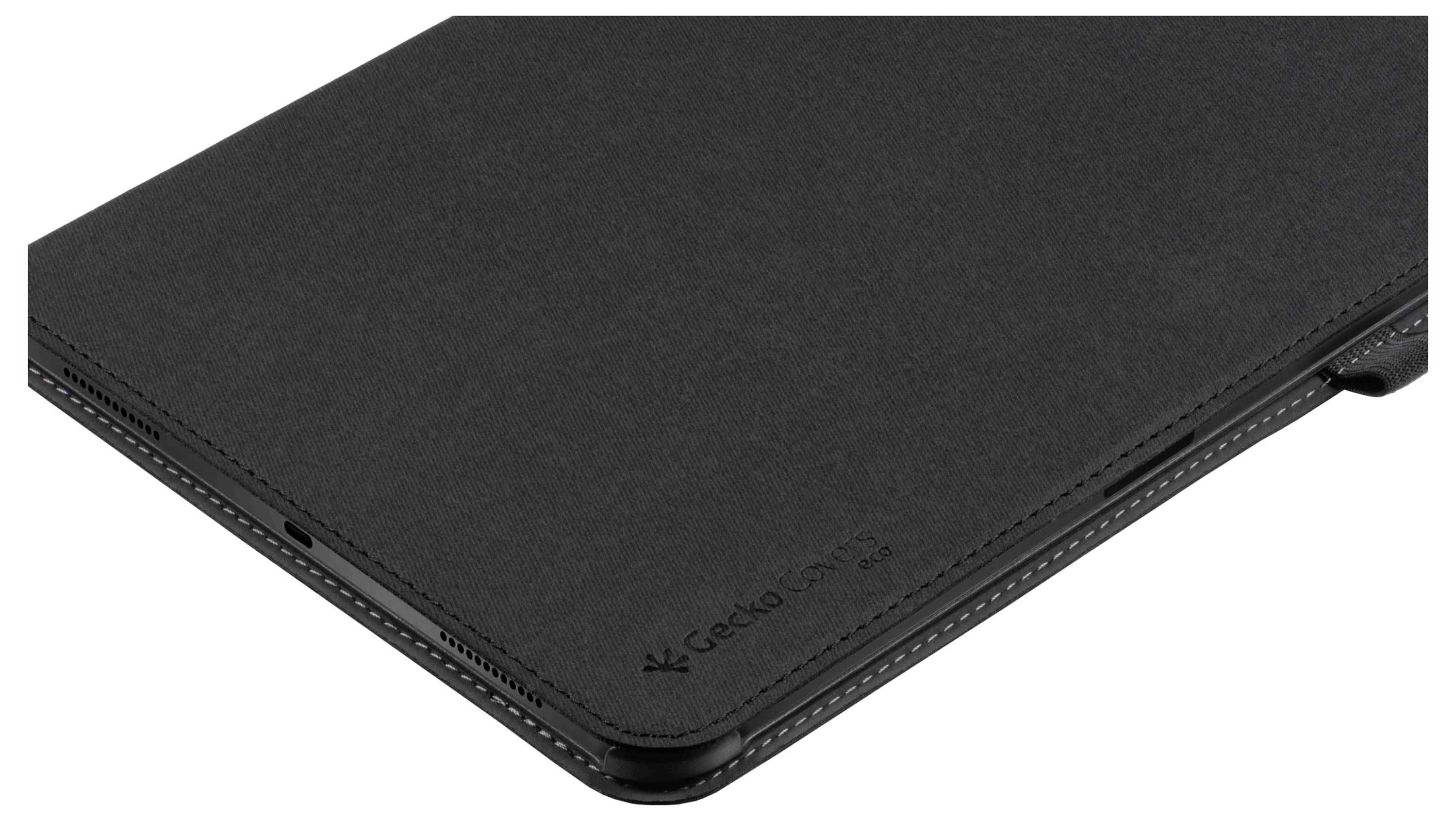 Černý obal na tablet s logem 'Gecko' reliéfně vytištěným v dolním pravém rohu, vyznačující se štíhlým designem a bezpečným uzavřením.