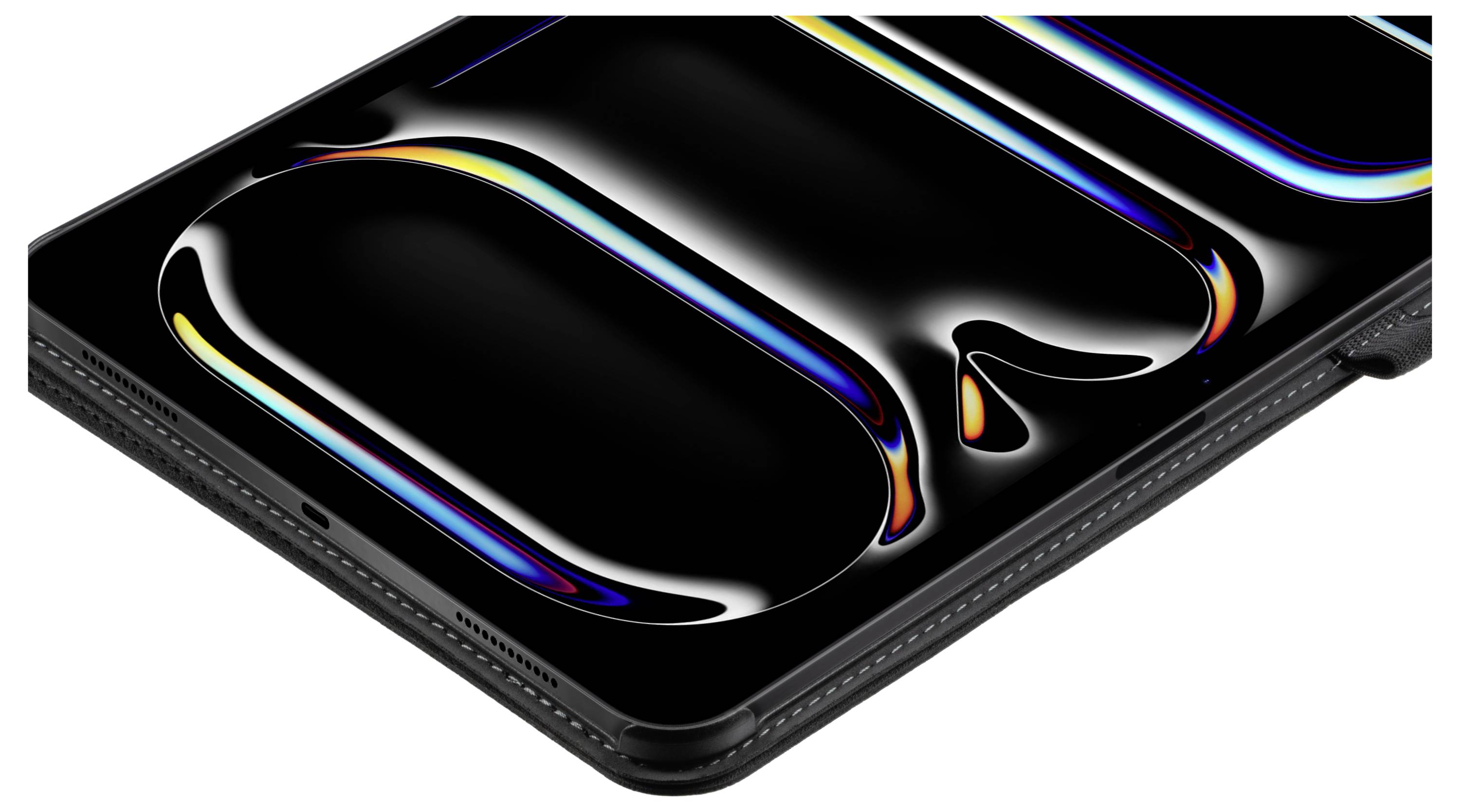 Smartphone s lesklým černým povrchem, který zobrazuje živé, vlnité vzory v barvách modré, červené a žluté. Telefon je zobrazen z úhlu.