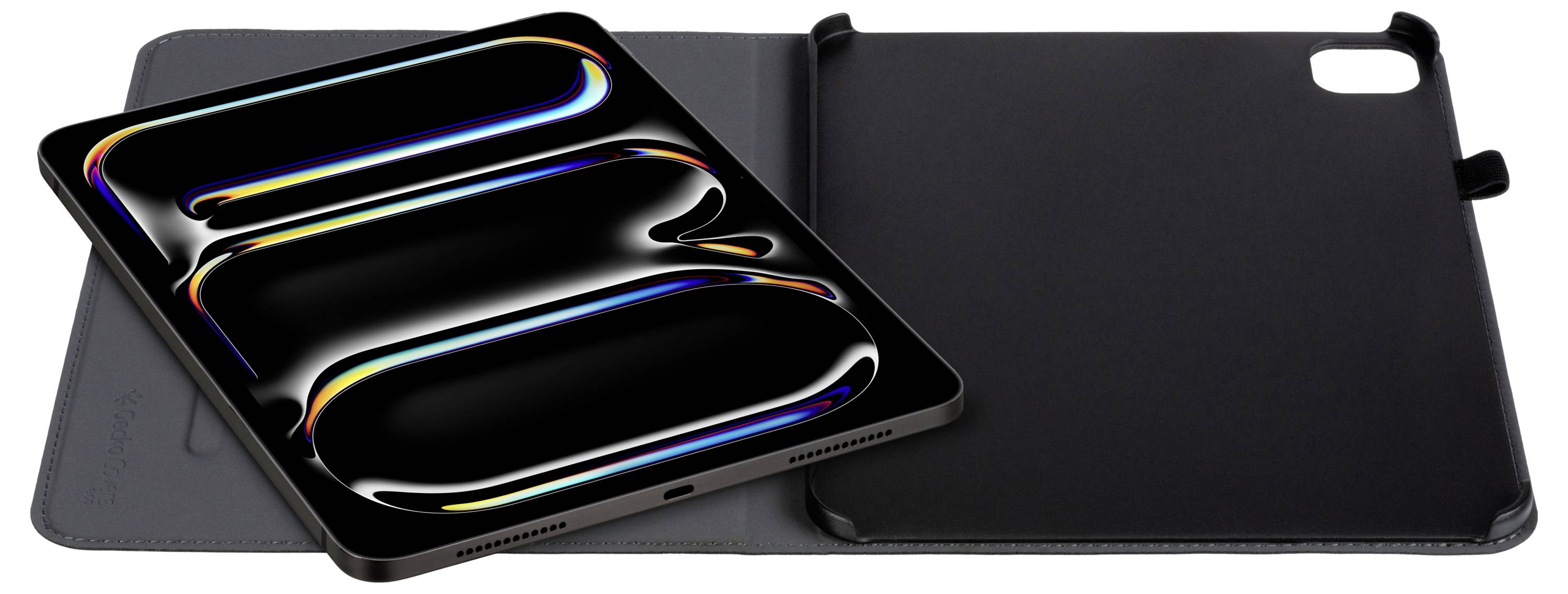 Tablet s živým, abstraktním neonovým designem na obrazovce leží z části na otevřeném černém pouzdře. Pouzdro je položeno rovně na bílém povrchu.