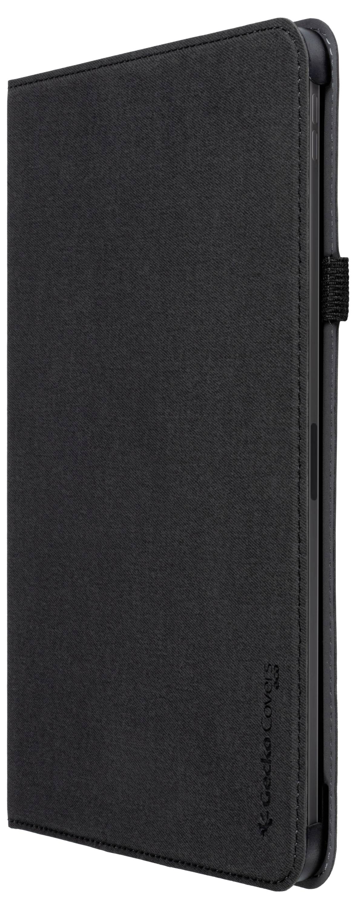 Uzavřený černý obal na tablet s potahem z texturované látky, pohled z boku, s jemně vytlačeným logem značky poblíž okraje.
