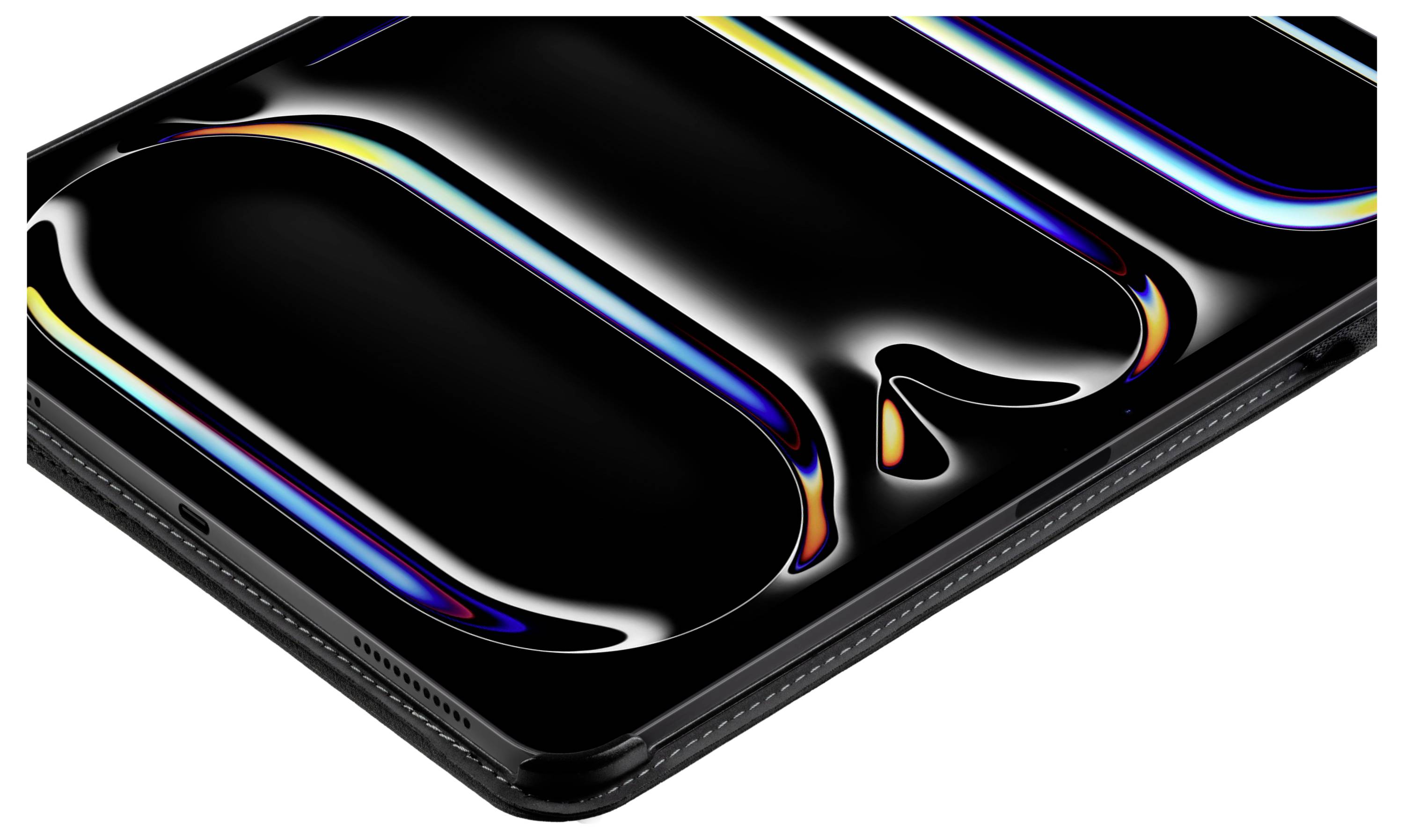 Detail smartphonovy displej zobrazující abstraktní spirálovité barvy, především černé s náznaky neonové modré, oranžové a žluté. Okraj telefonu je viditelný.