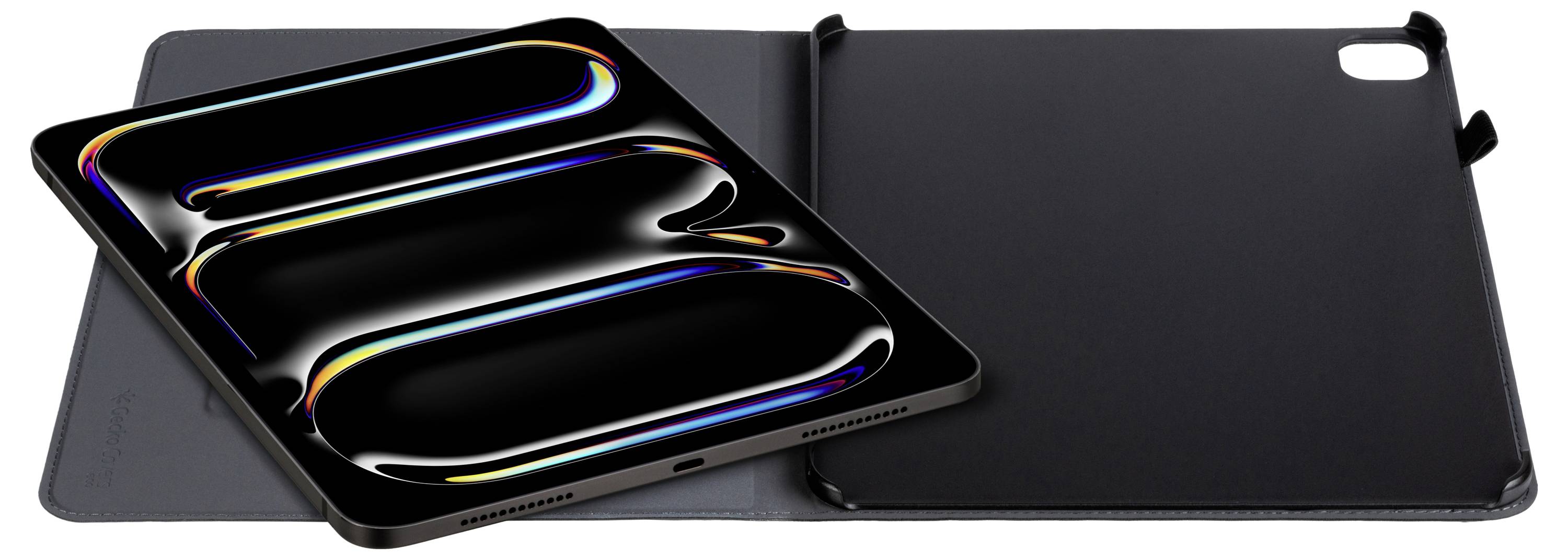 Otevřený černý obal na tablet s barevnou, reflexní obrazovkou tabletu zobrazující abstraktní světelné vzory, umístěný na levé straně.