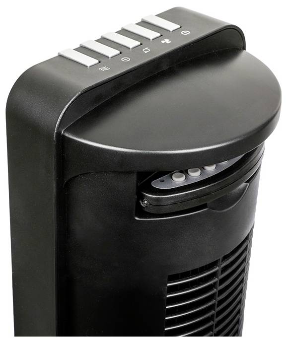 Černý věžový ventilátor s ovládacím panelem s tlačítky na horní části pro různá nastavení. Ventilátor má elegantní, moderní design.