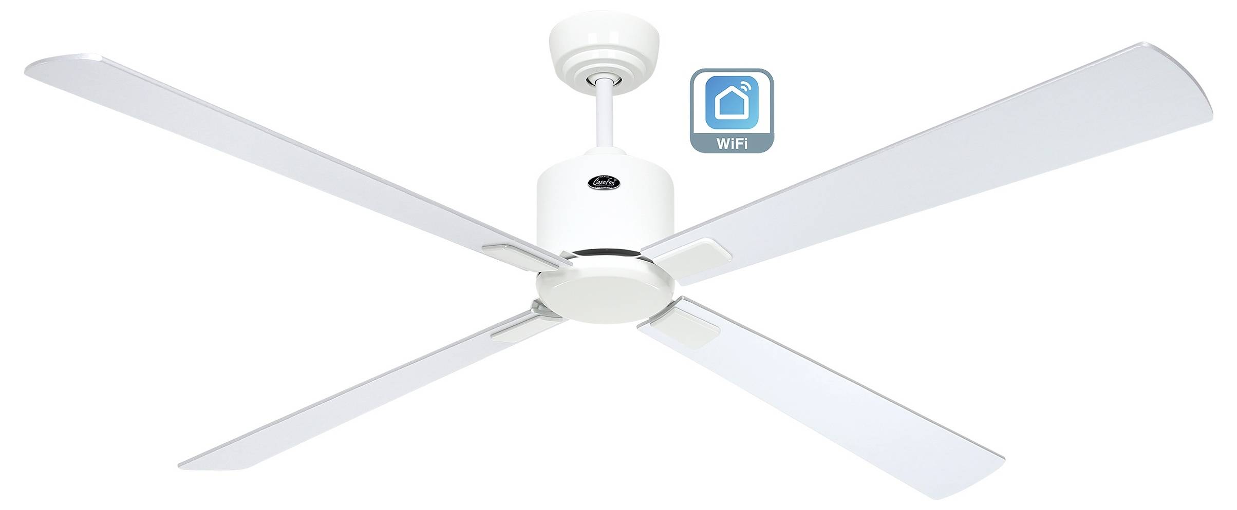 Bílý stropní ventilátor se čtyřmi lopatkami a ikonou WiFi připojení zobrazenou nad ním.