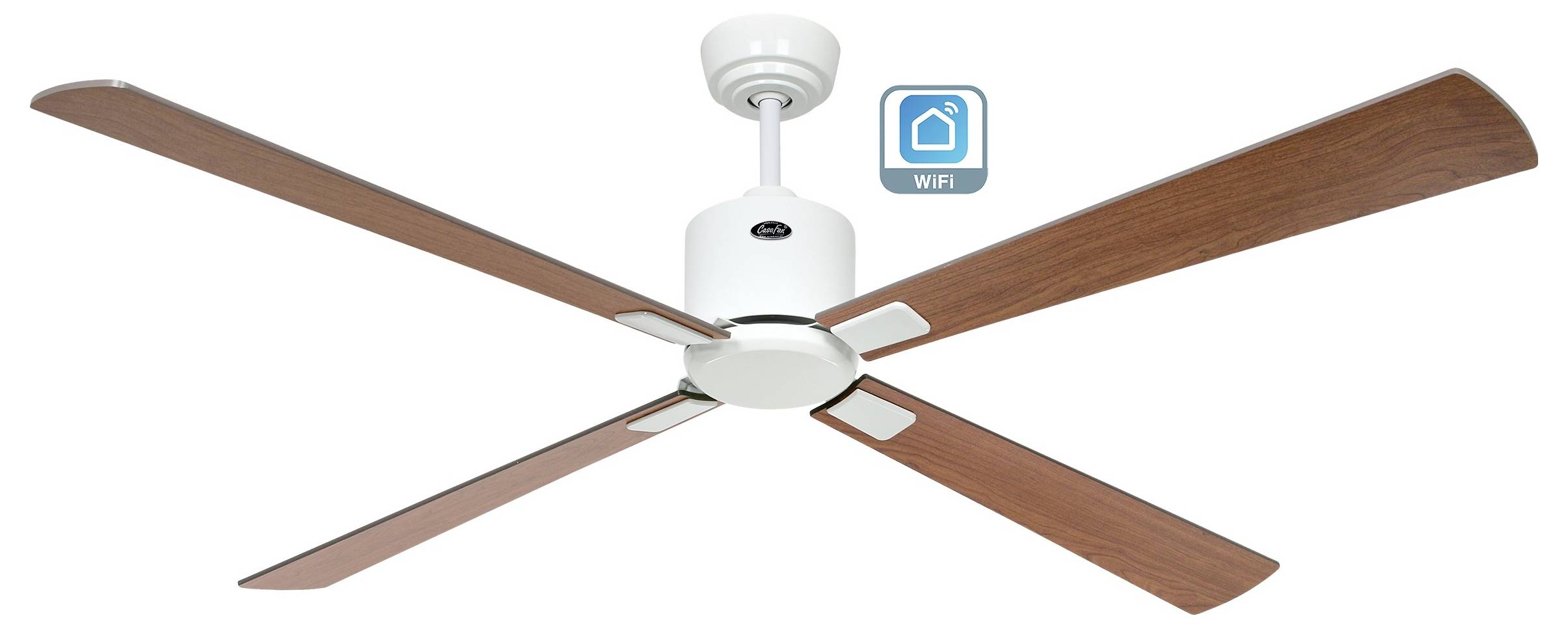 Stropní ventilátor se čtyřmi dřevěnými lopatkami a bílým centrálním motorem, označený 'WiFi', což označuje funkce připojení k chytré domácnosti.