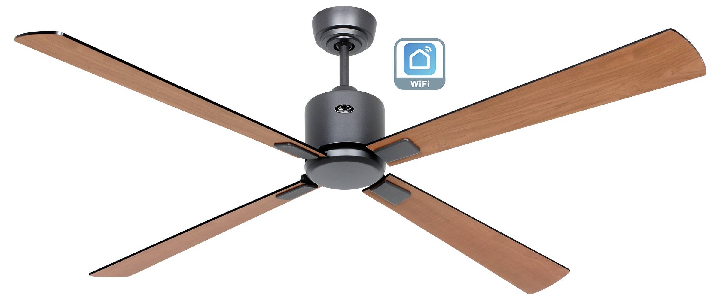 Stropní ventilátor s dřevěnými lopatkami a kovovým povrchem, s WiFi kompatibilitou označenou ikonou nad ventilátorem.