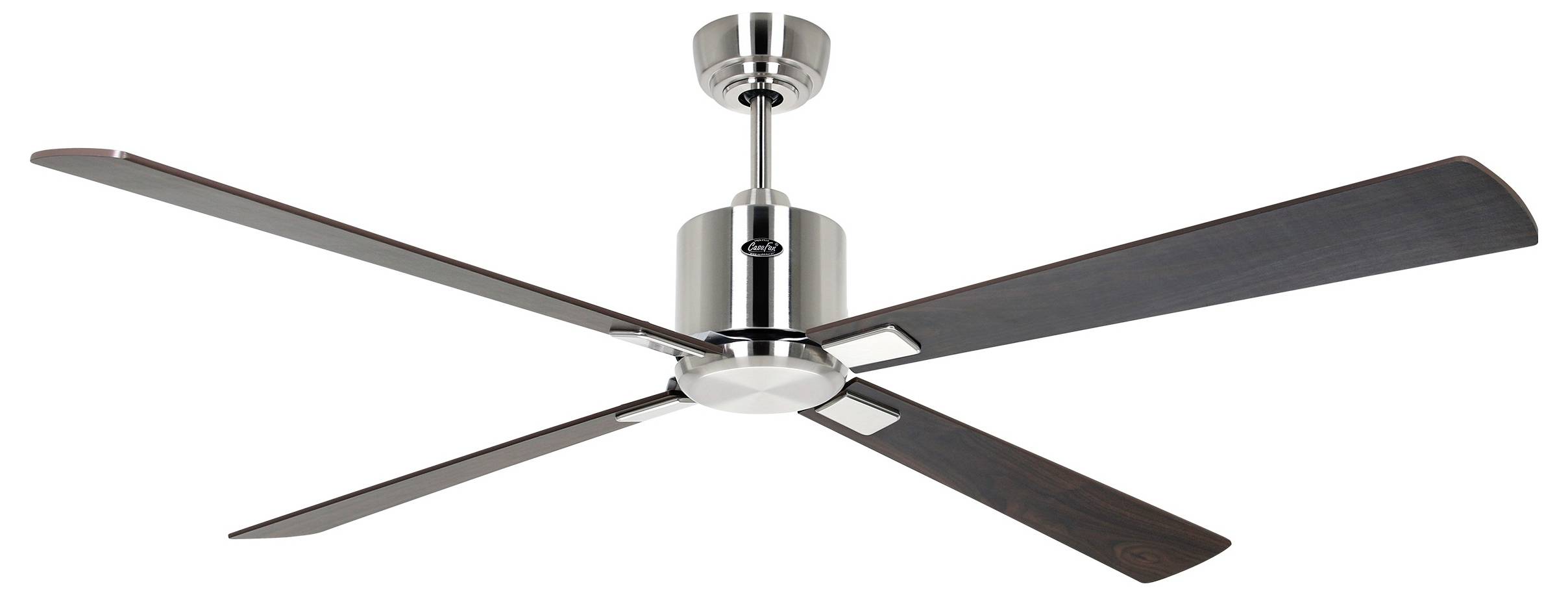 Moderní stropní ventilátor s kartáčovanou kovovou povrchovou úpravou a čtyřmi tmavě hnědými dřevěnými lopatkami, navržený pro chlazení a dekoraci domácnosti.