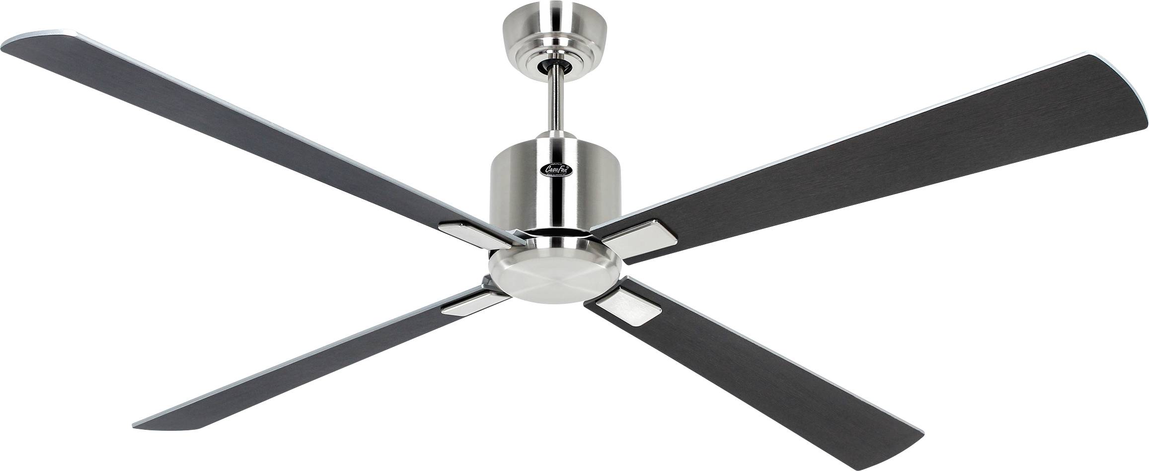 Moderní stropní ventilátor se čtyřmi elegantními černými lopatkami a kovovým povrchem, navržený pro domácí nebo kancelářské použití, zobrazený na jednoduchém pozadí.
