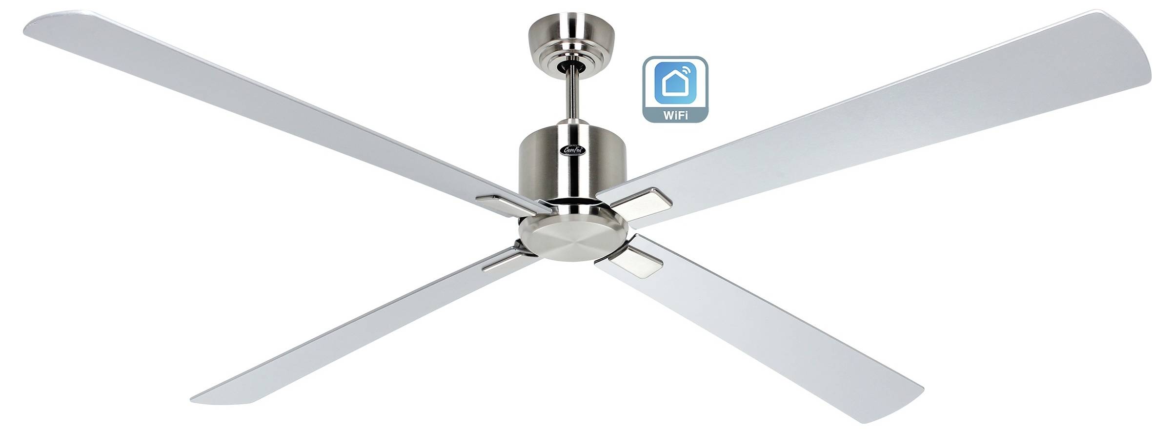 Elegantní, moderní stropní ventilátor se čtyřmi kovovými lopatkami, vybavený ikonou WiFi konektivity, která indikuje kompatibilitu s chytrou domácností.