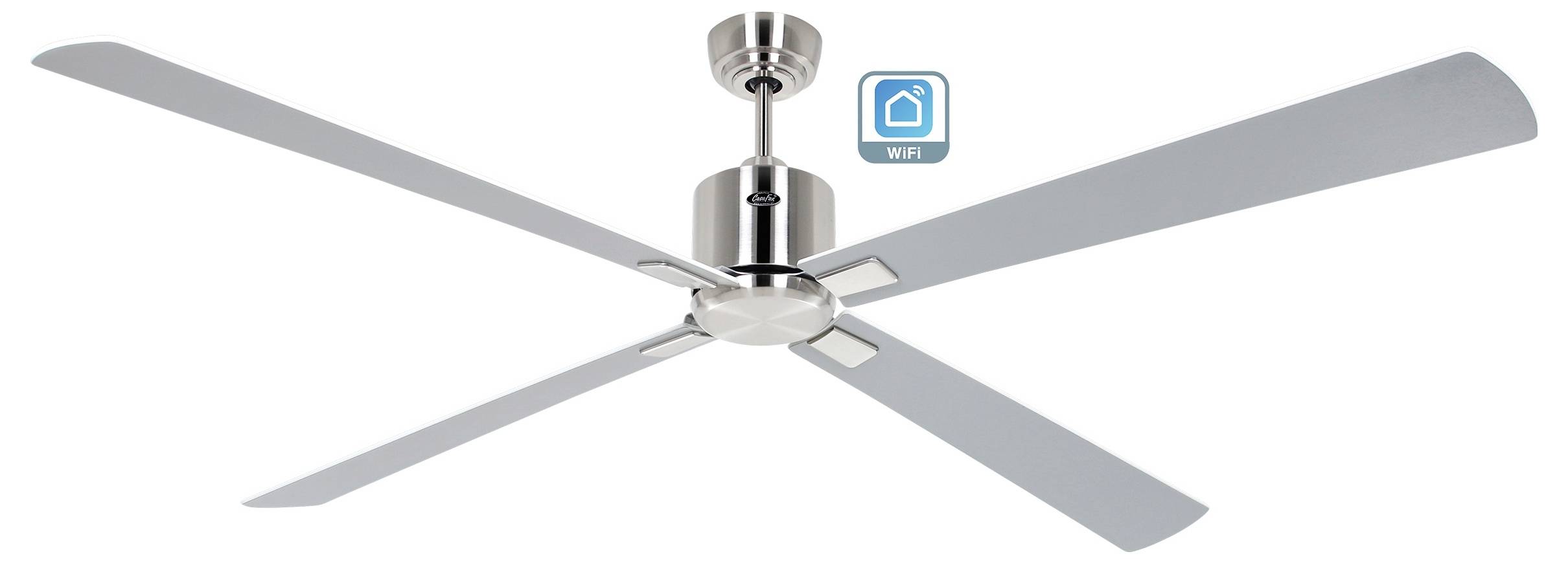 Moderní stropní ventilátor se čtyřmi kovovými lopatkami, vybavený symbolem Wi-Fi konektivity, což označuje možnosti integrace do chytré domácnosti.