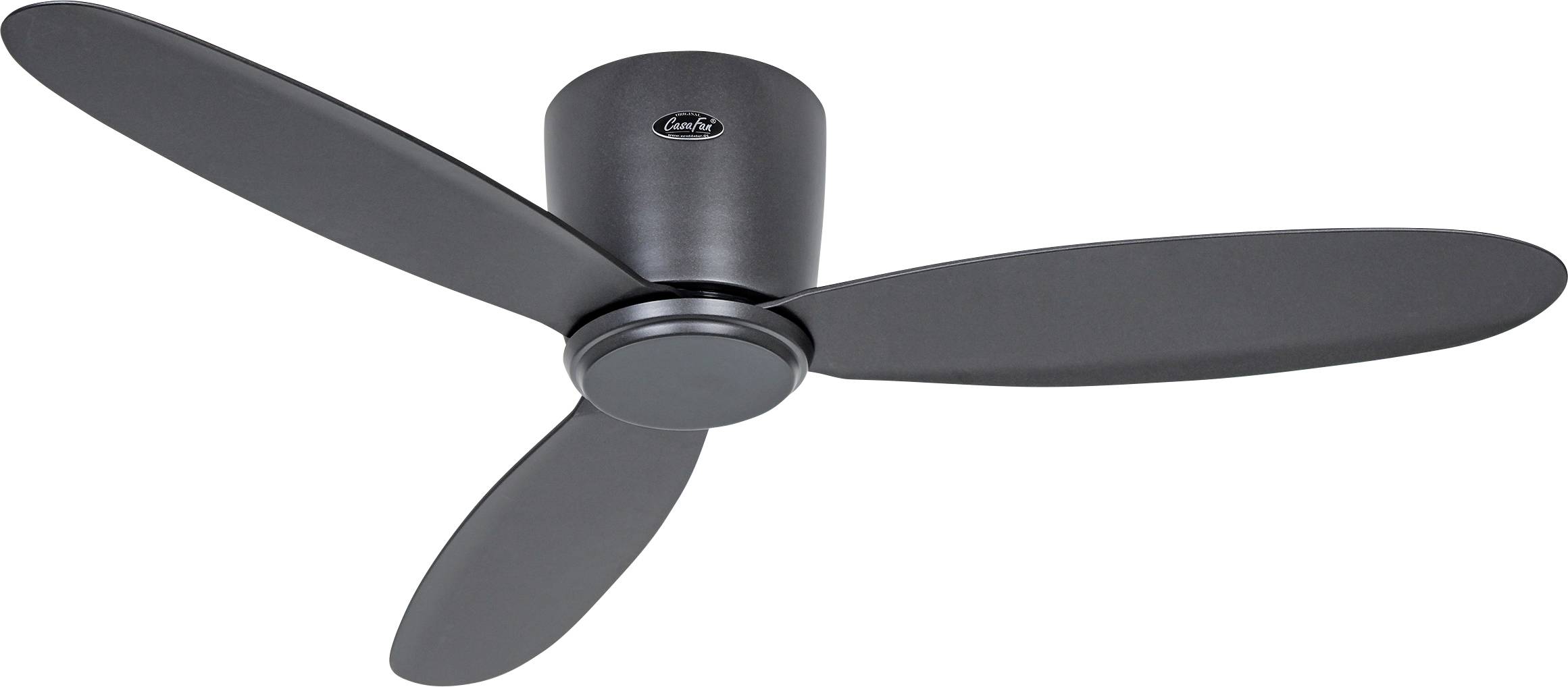 Stropní ventilátor se třemi matně černými lopatkami a odpovídající kruhovou základnou, navržený pro moderní domácí interiéry.