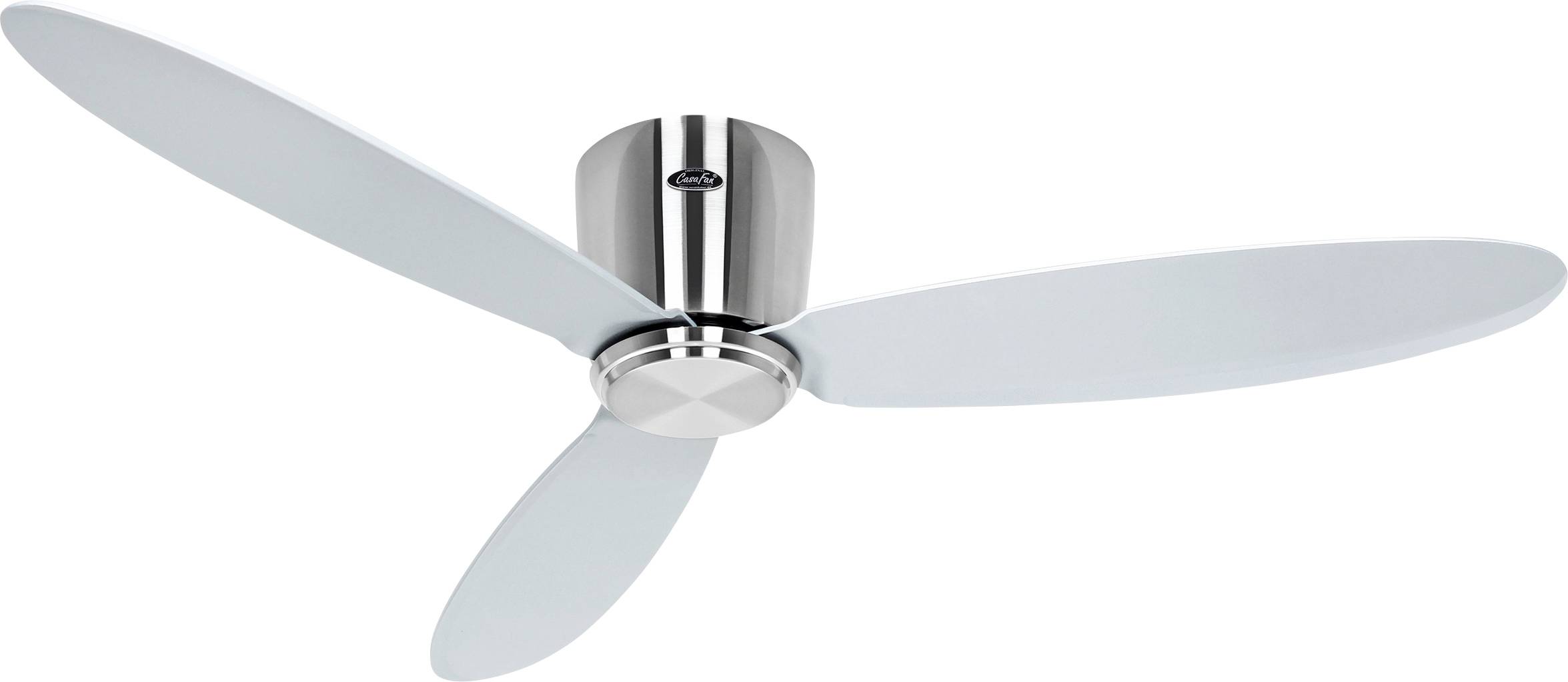 Elegantní, moderní stropní ventilátor s kovovým povrchem a třemi lopatkami, navržený pro efektivní proudění vzduchu v současných interiérech.
