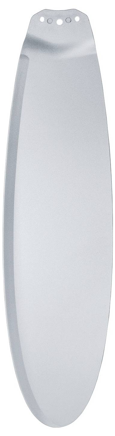 Stříbrný list stropního ventilátoru s hladkým, elegantním povrchem a třemi malými montážními otvory na konci.