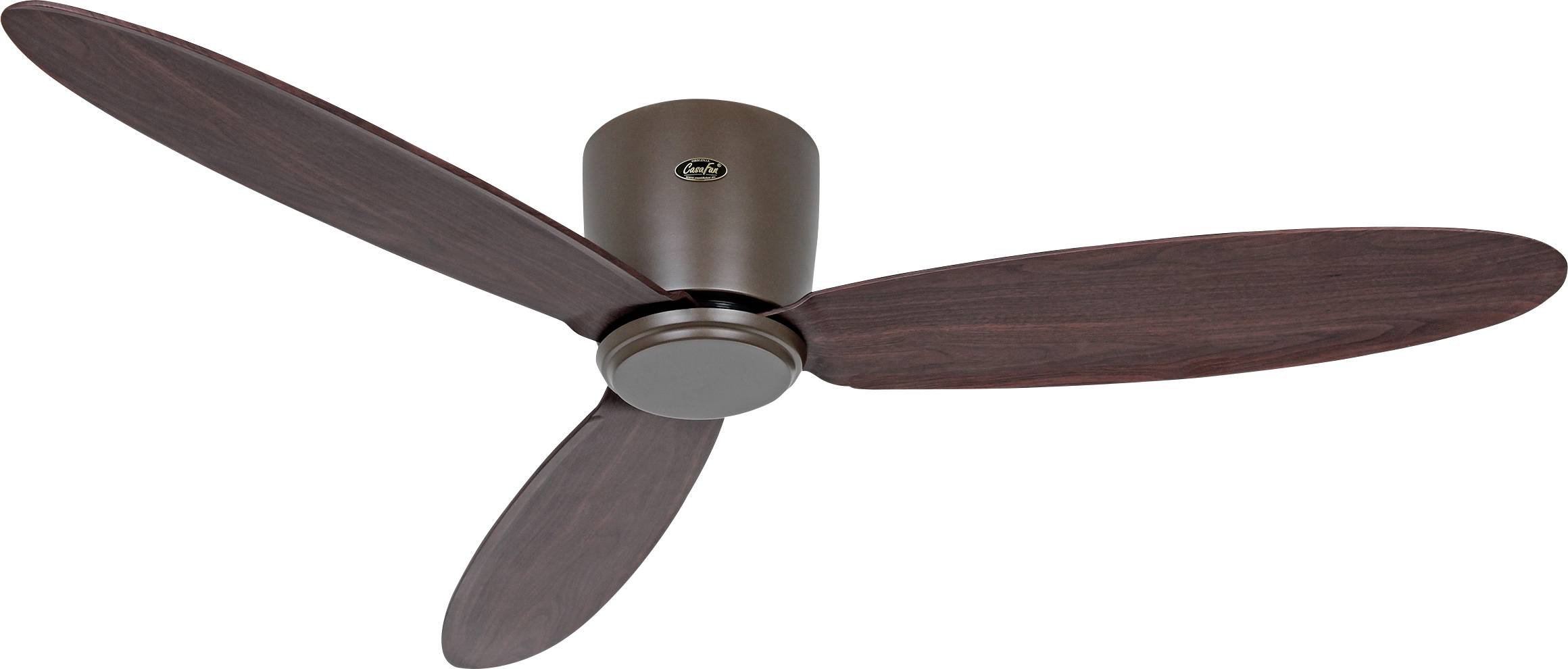 Moderní stropní ventilátor se třemi tmavými dřevěnými lopatkami a elegantním hnědým krytem motoru, navržený pro efektivní cirkulaci vzduchu v současných prostorech.