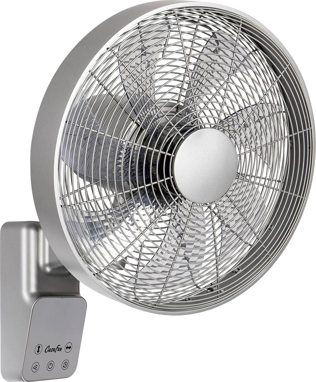 Nástěnný oscilační ventilátor s kovovým krytem a šedým ovládacím panelem se třemi kulatými tlačítky.