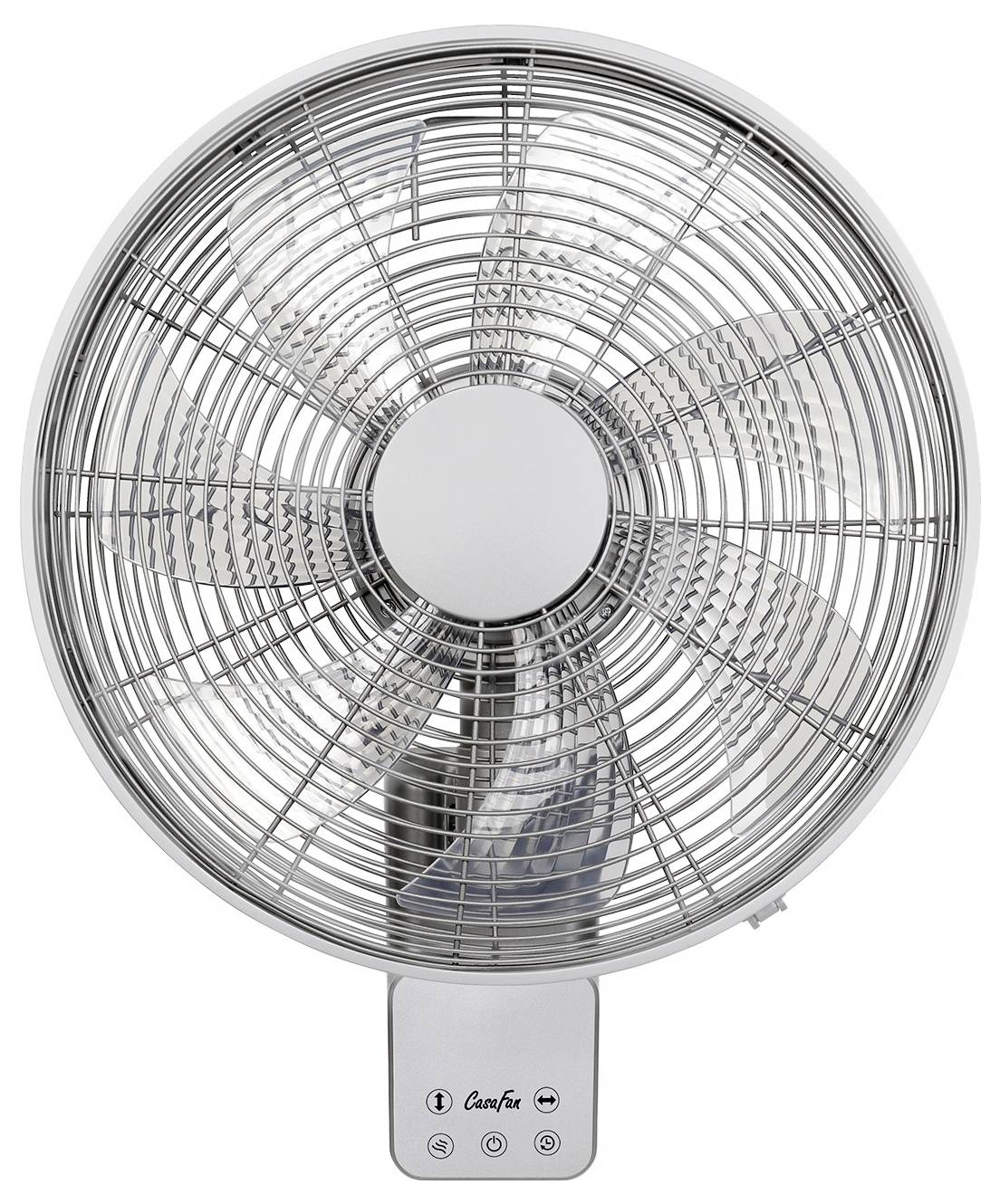 Nástěnný ventilátor s kulatou kovovou mřížkou zakrývající lopatky, s ovládacím panelem níže obsahujícím tlačítka pro nastavení.