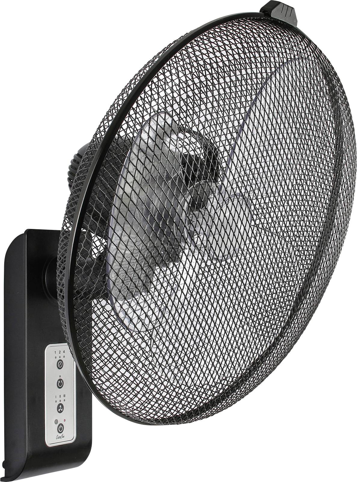 Nástěnný ventilátor s ochrannou kovovovou mřížkou a ovládacím panelem, zachycený z úhlu, zdůrazňující jeho design a funkčnost.