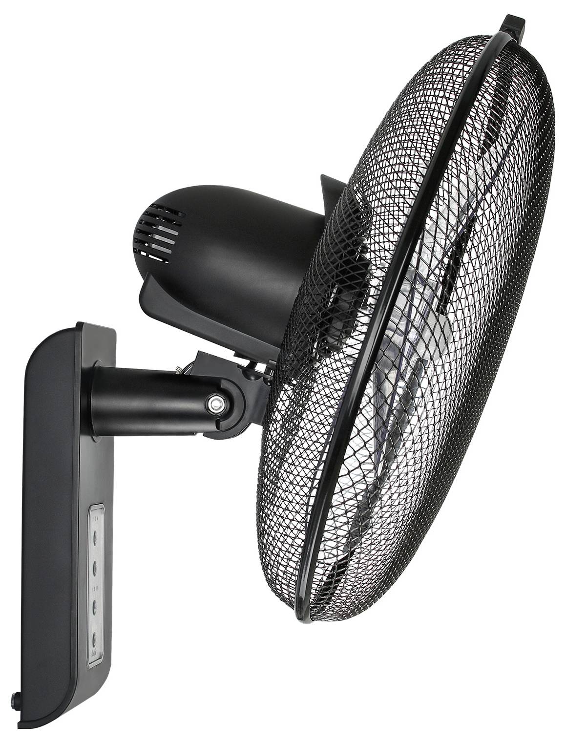 Černý na stěnu namontovaný oscilující ventilátor, pohled z boku, s mřížkovým krytem přes lopatky.