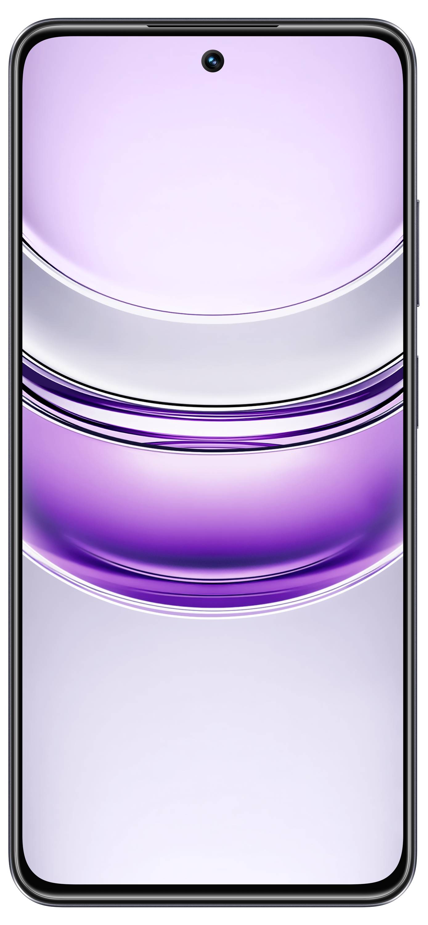 Smartphone zobrazující fialově laděnou tapetu s kruhovými přechody na své obrazovce. Zařízení má štíhlý, moderní design.