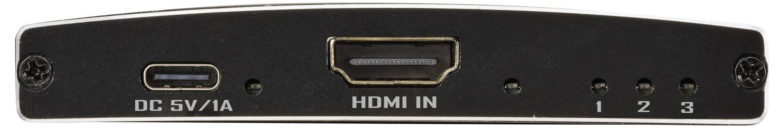 Černý přepínač HDMI s DC 5V/1A napájením, vstupním portem HDMI a třemi indikačními světly označenými 1, 2 a 3.