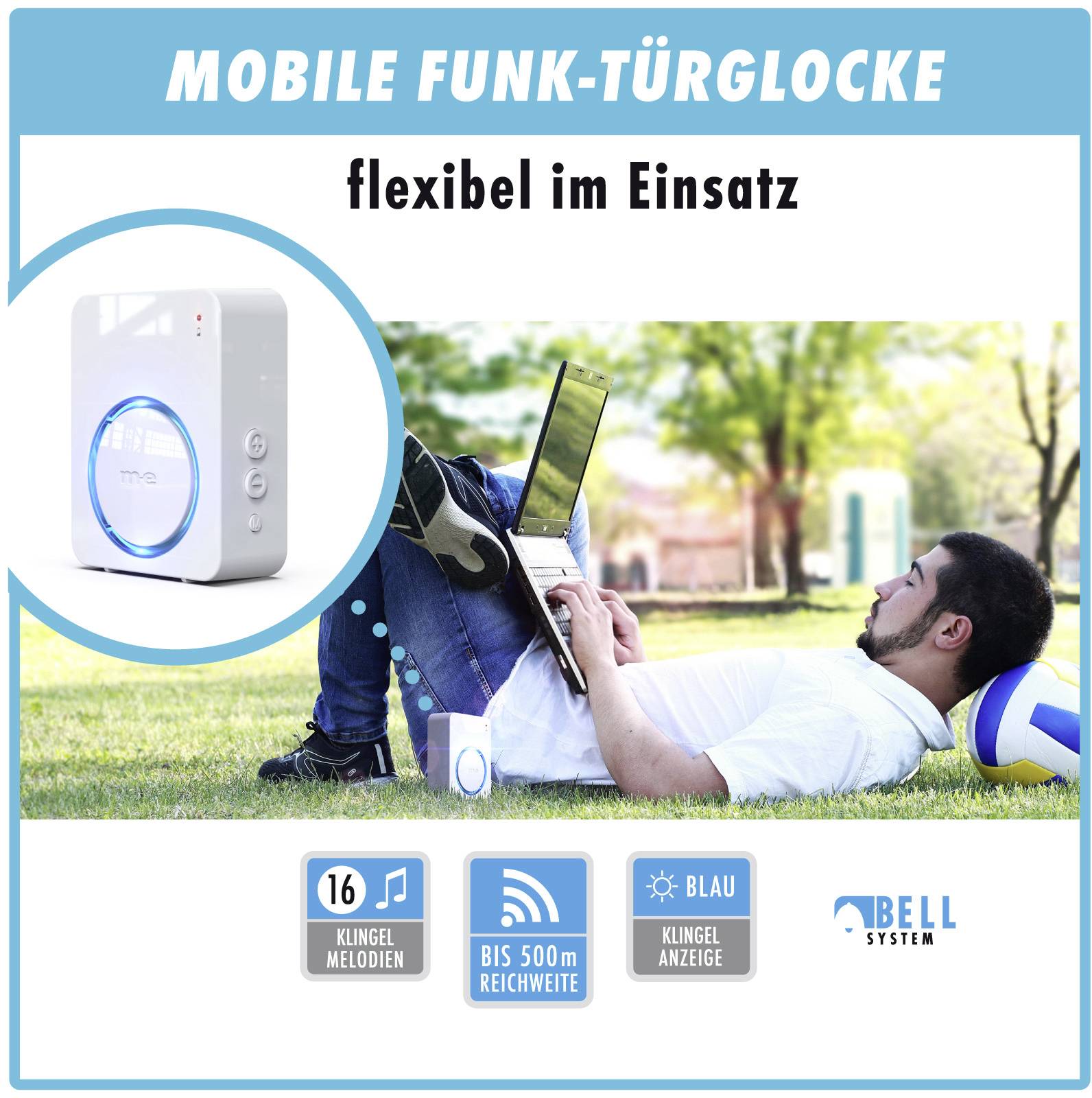 Mobilní bezdrátový zvonek flexibilní v použití ukazuje osobu venku s notebookem vedle bezdrátového zvonku. 16 melodií, dosah až 500 m.