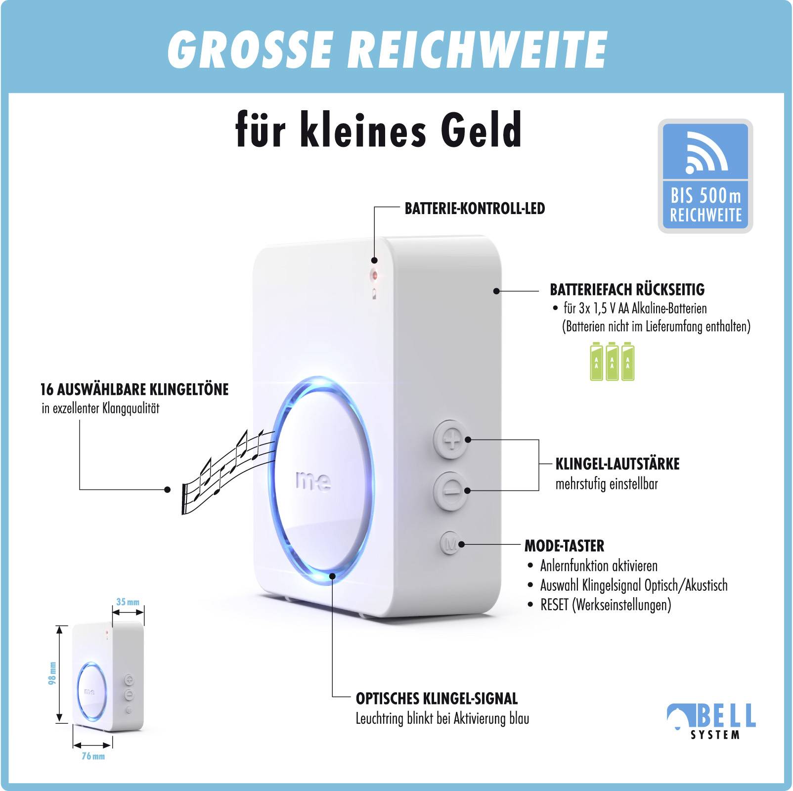 Bezdrátový zvonek s modrou LED a 16 vyzváněcími tóny. Napájení baterií, dosah až 500 m. Nastavitelná hlasitost a optická signalizace zvonění.