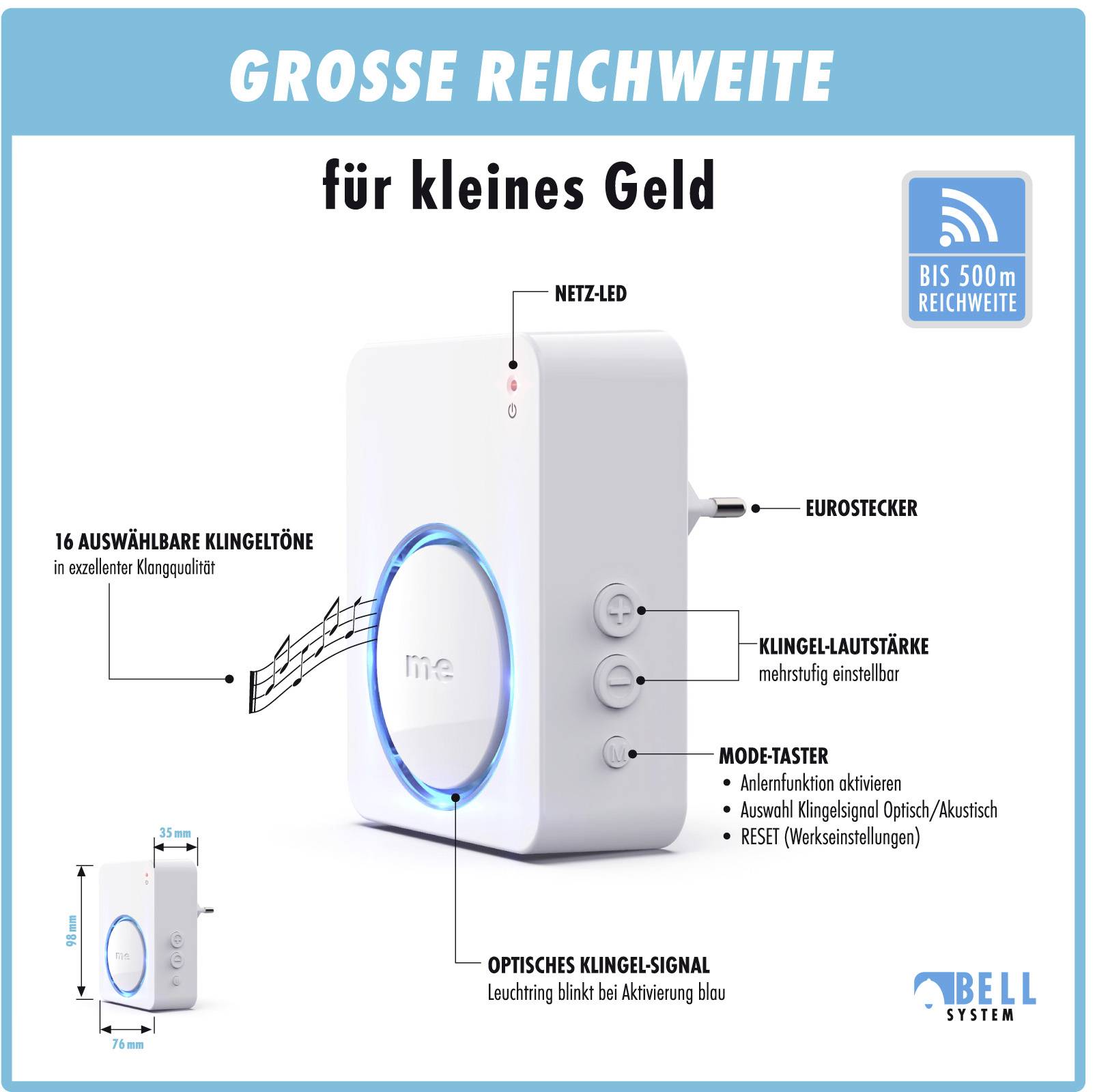 Bezdrátový přijímač zvonku s různými nastaveními vyzváněcích tónů, síťovou LED, regulátorem hlasitosti, dosah až 500 m.