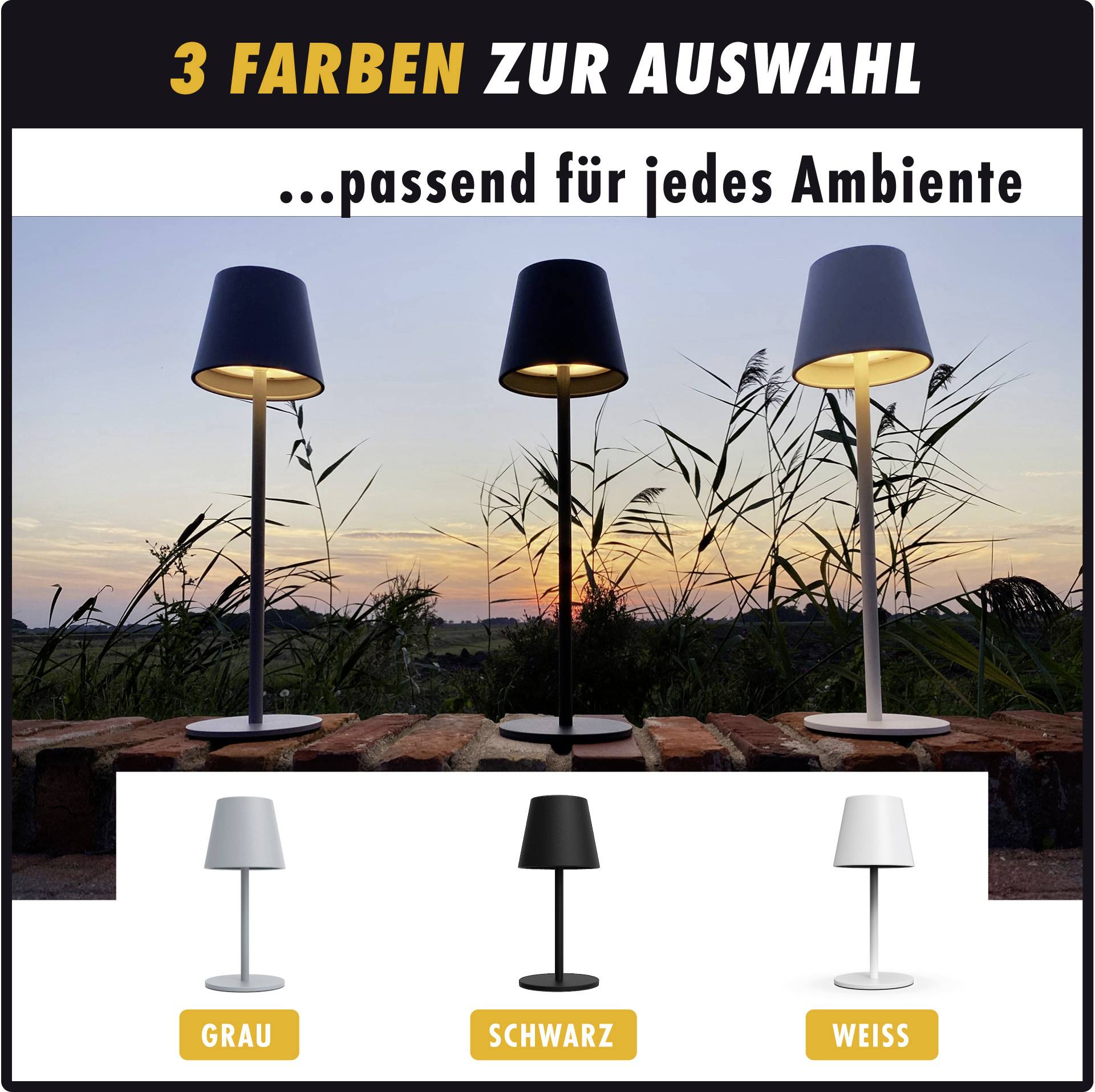 Tři stojací lampy v barvách šedé, černé a bílé před krajinou při západu slunce, vhodné pro různá prostředí.