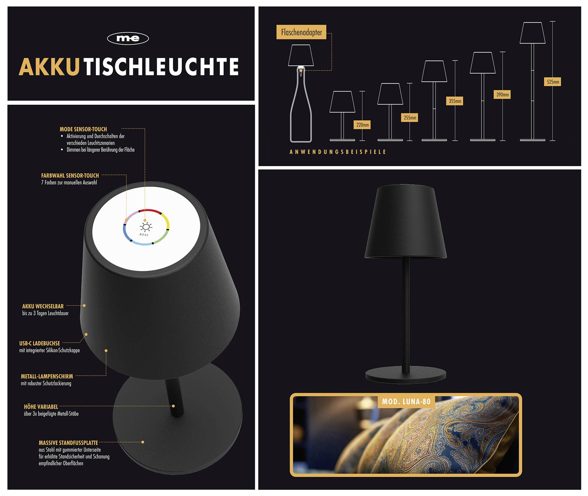 Akumulátorová stolní lampa a diagram s modely lamp. Detaily: zapínání pomocí senzoru, stmívatelná, měnící barvy. Výška: 40 centimetrů.