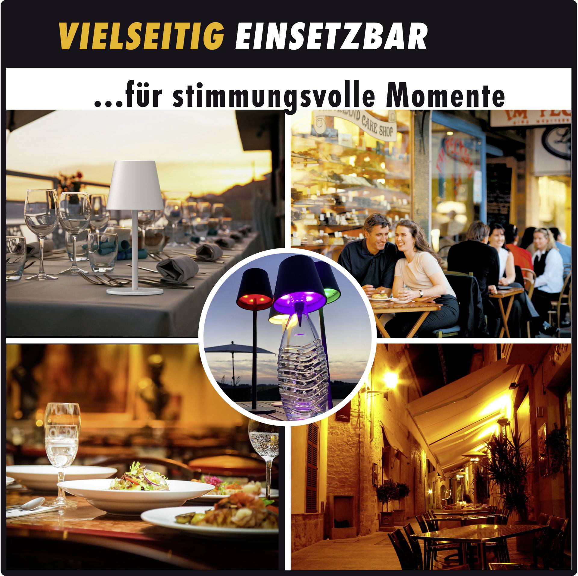 Koláž restaurací s atmosférickou atmosférou. Nahoře stojí nápis "Víceúčelové použití... pro okamžiky plné atmosféry".