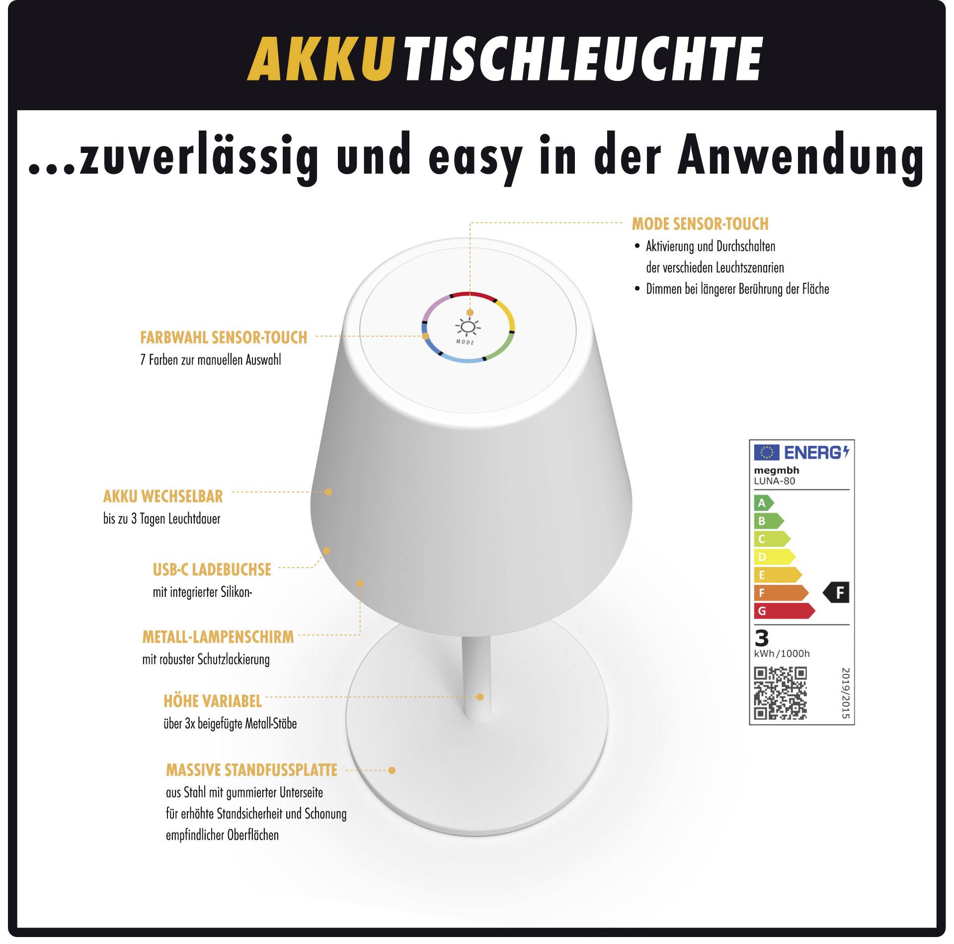 'AKKU STOLNÍ LAMPA' s volbou barev, senzorové ovládání dotykem, vyměnitelná baterie, kovové stínidlo a magnetická základna. Energetický štítek vpravo.