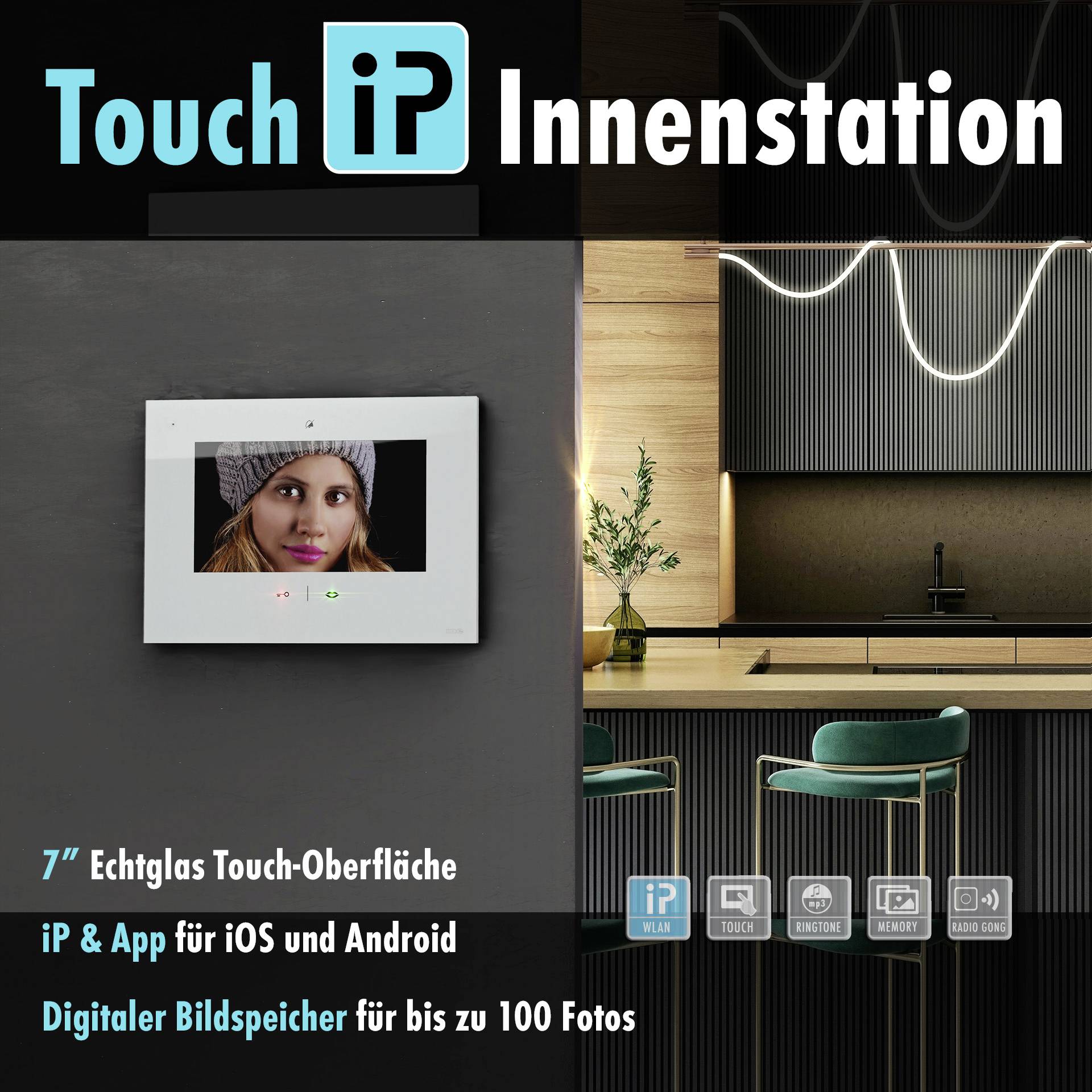 Moderní kuchyně s digitálním fotoDisplejem a kompatibilitou s aplikací. Atmosférické osvětlení a stylový interiér.