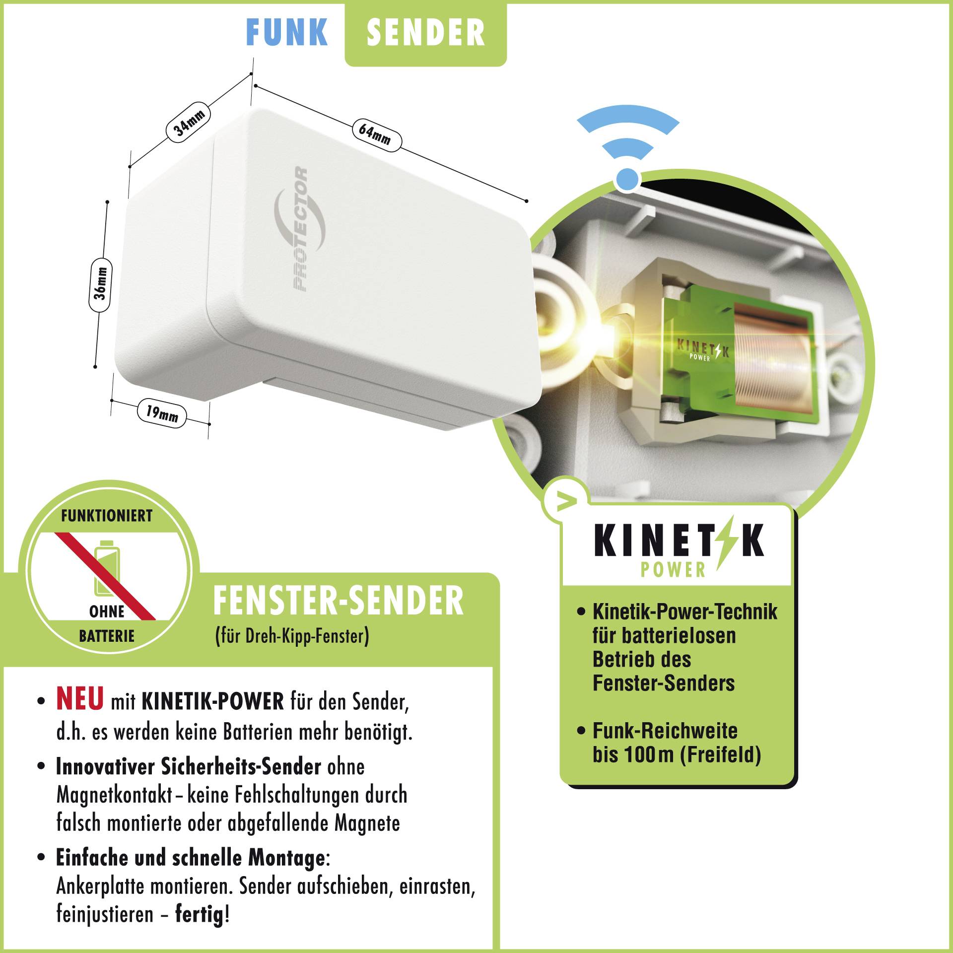 Bezdrátový okenní vysílač bez baterie, využívající technologie kinetické energie. Snadná montáž, vhodný pro otevíravě-sklopná okna. Dosah až 100 m.