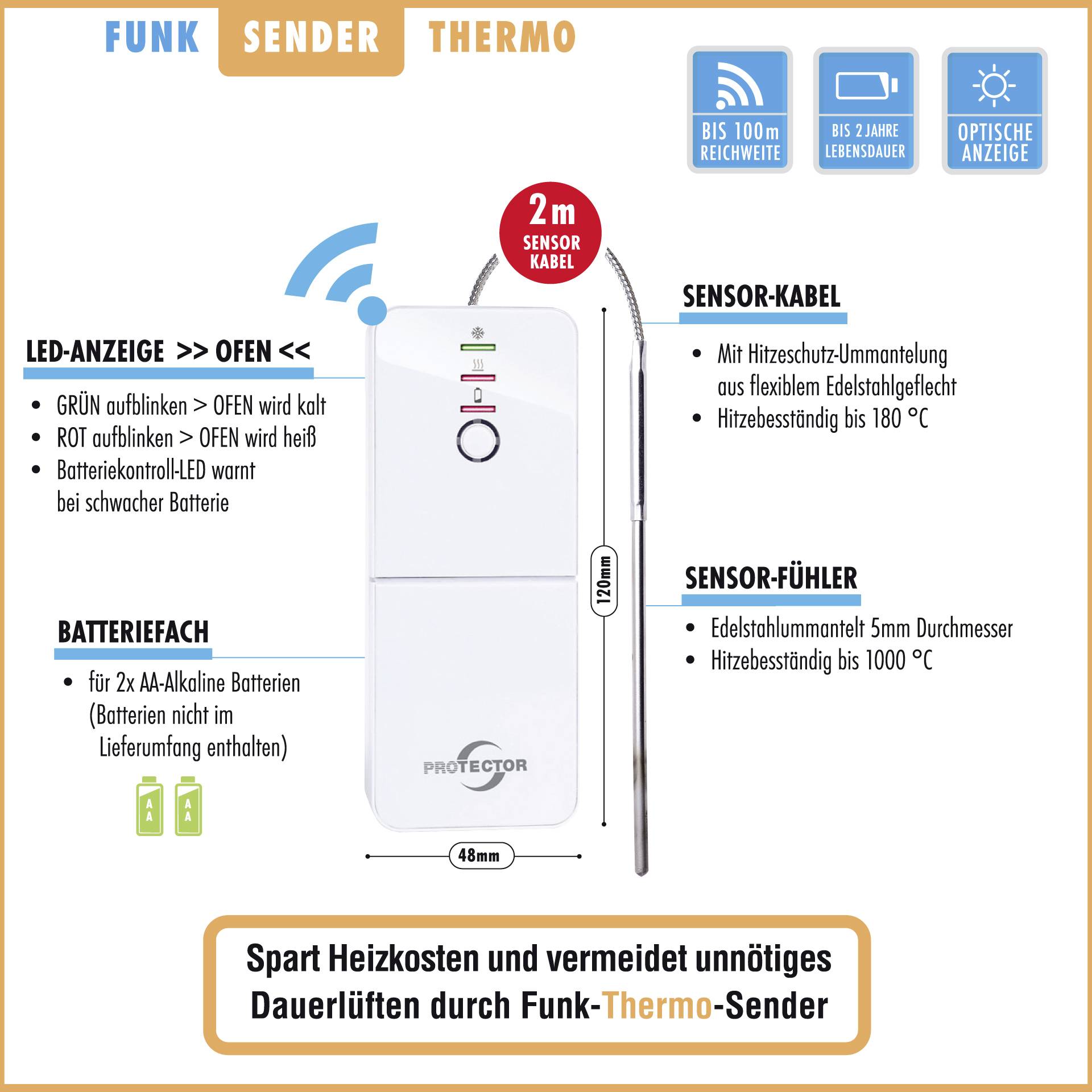 Bezdrátový teploměr 'Funk-Sender Thermo', zařízení pro měření teploty. Hlavní charakteristiky: LED displej, senzorový kabel, prostor pro baterie. Pomáhá šetřit náklady na vytápění.