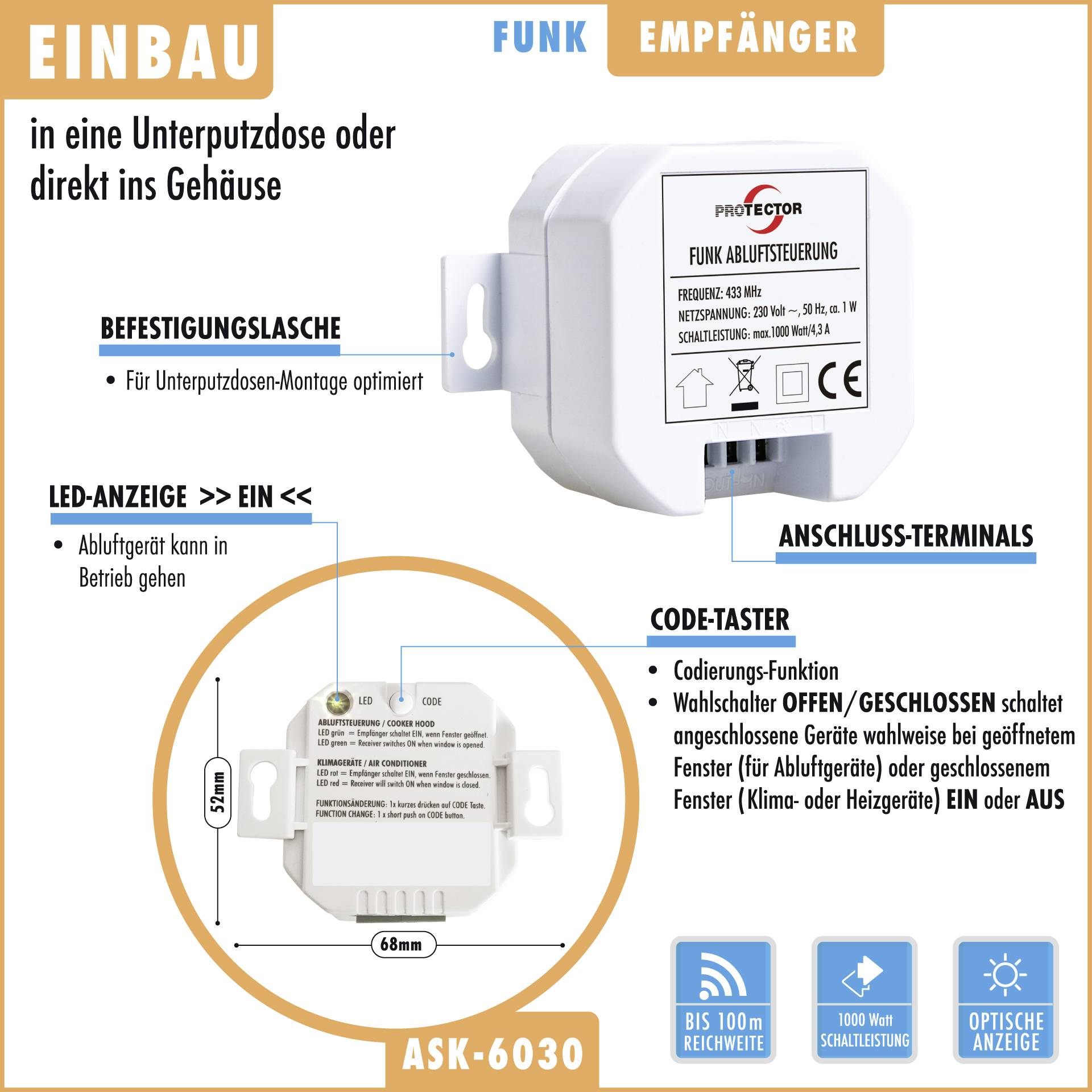 Přijímač ASK-6030 je vhodný pro vestavnou instalaci. Disponuje připojovacími svorkami, LED indikátorem a tlačítkem pro nastavení kódu.